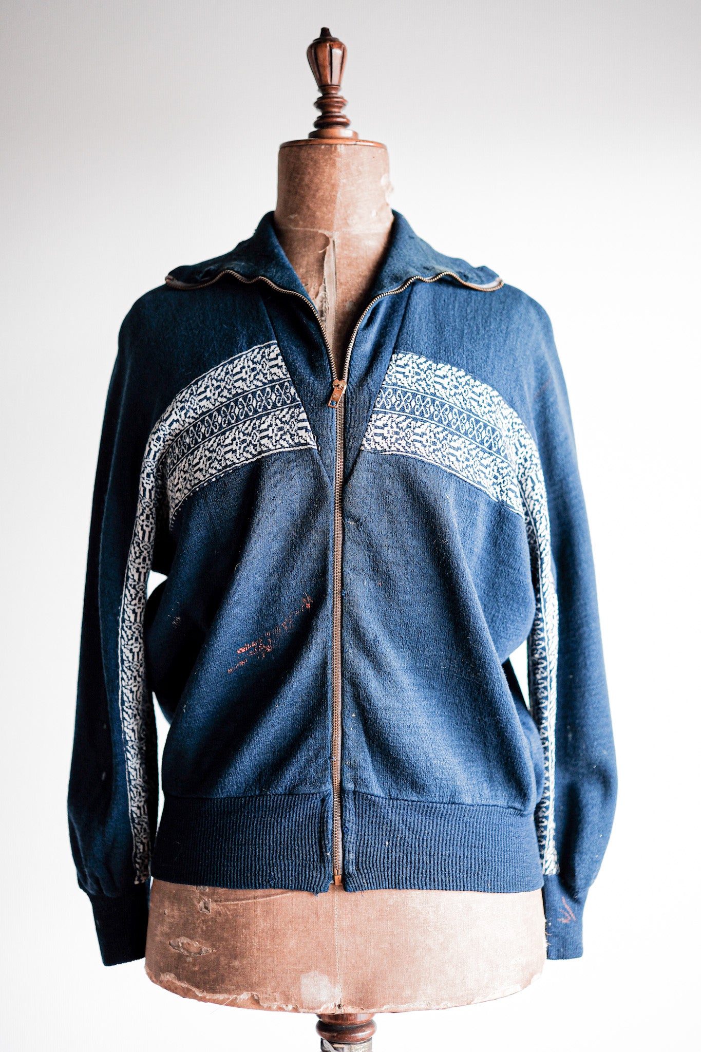 【~50's】French Vintage Full Zip Wool Printed Cardigan