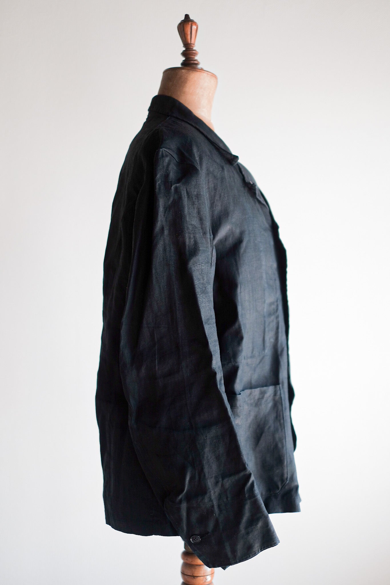 【~30's】French Vintage Black Indigo Linen Double Breasted Work Jacket "Dead Stock"