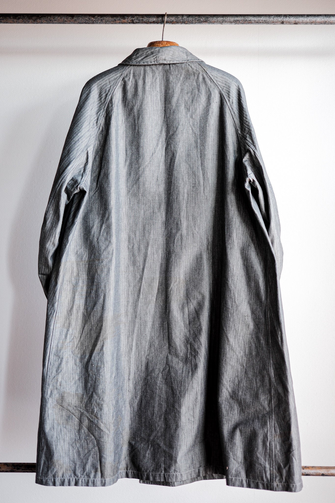 【~40's】French Vintage Salt & Pepper Cotton HBT Work Coat With Chin Strap "Dead Stock"