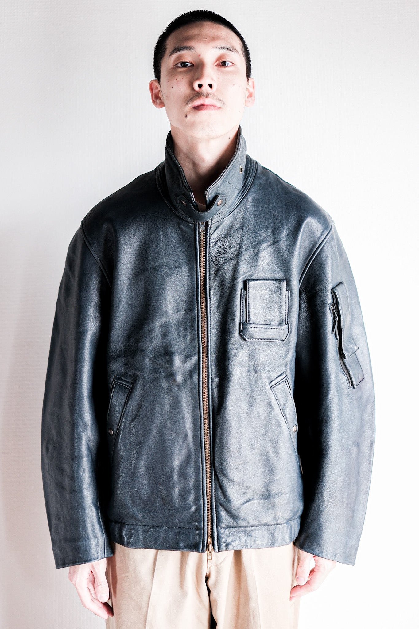 【~70's】French Air Force Pilot Leather Jacket With Chin Strap