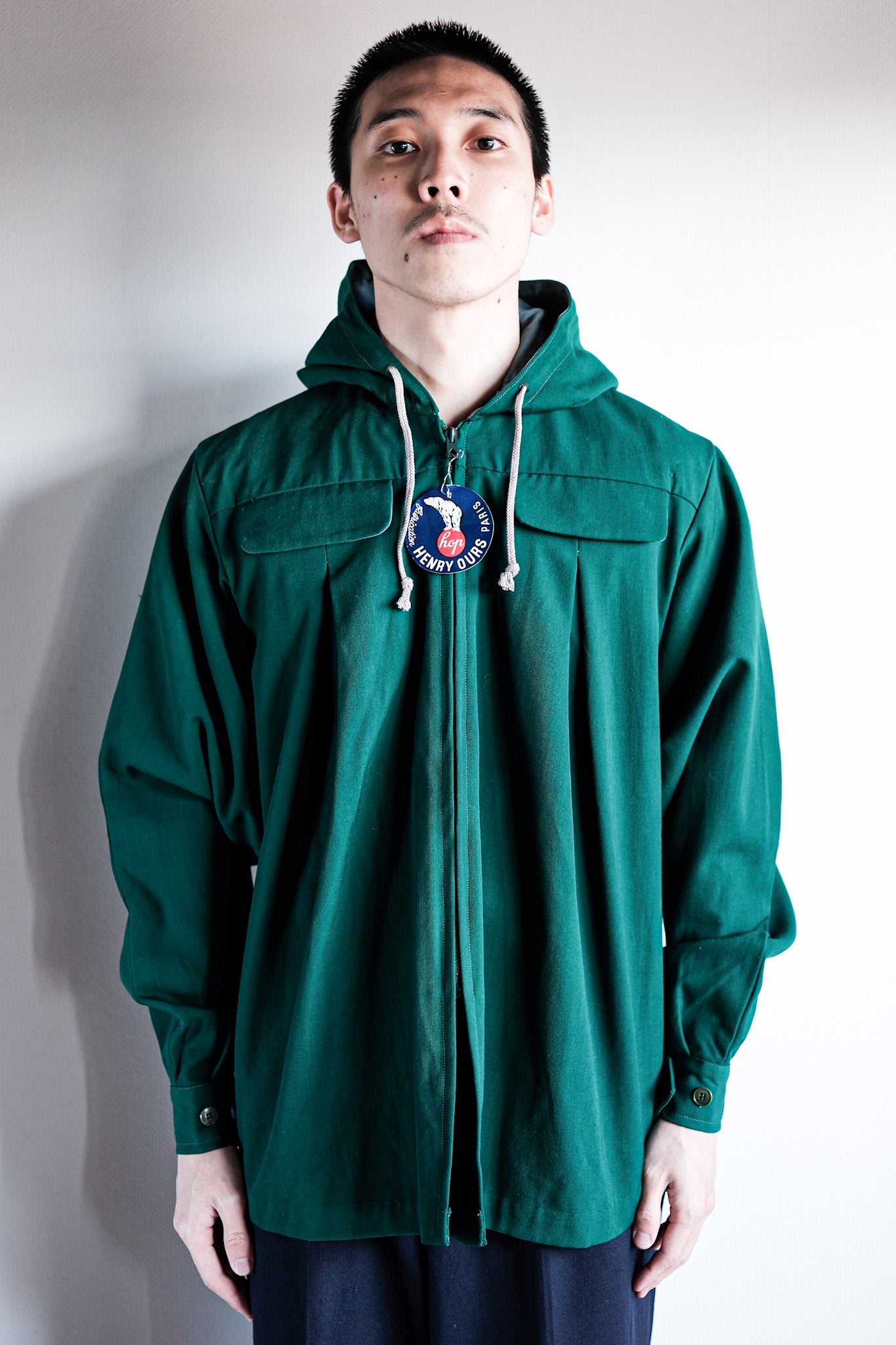 【~50's】French Vintage Green Wool Rayon Hooded Jacket "Dead Stock"