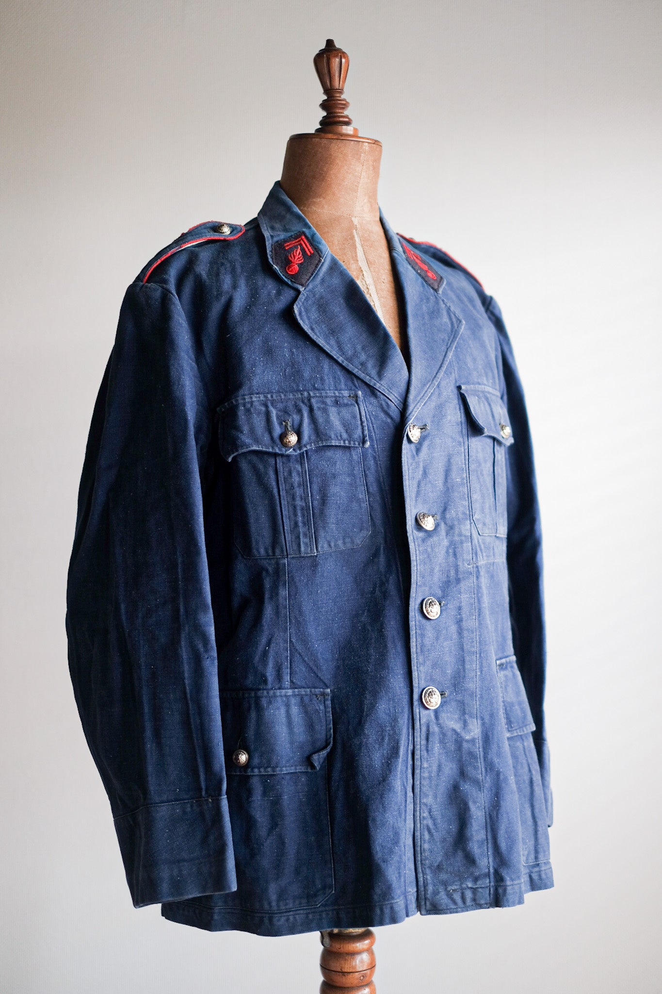 【~40's】French Vintage Indigo Metis Fireman Lapel Jacket