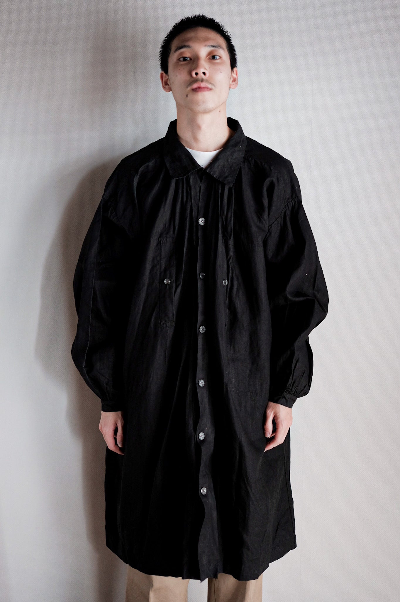 【Early 20th C】French Antique Black Indigo Linen Smock Open Type "Biaude" "Dead Stock"