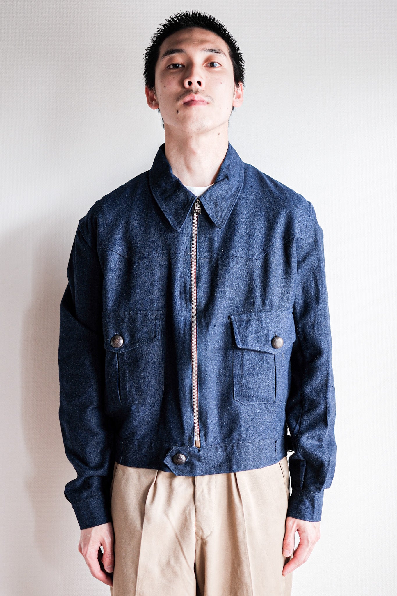 【~40’s】French Vintage Indigo Hemp Linen Cyclist Jacket