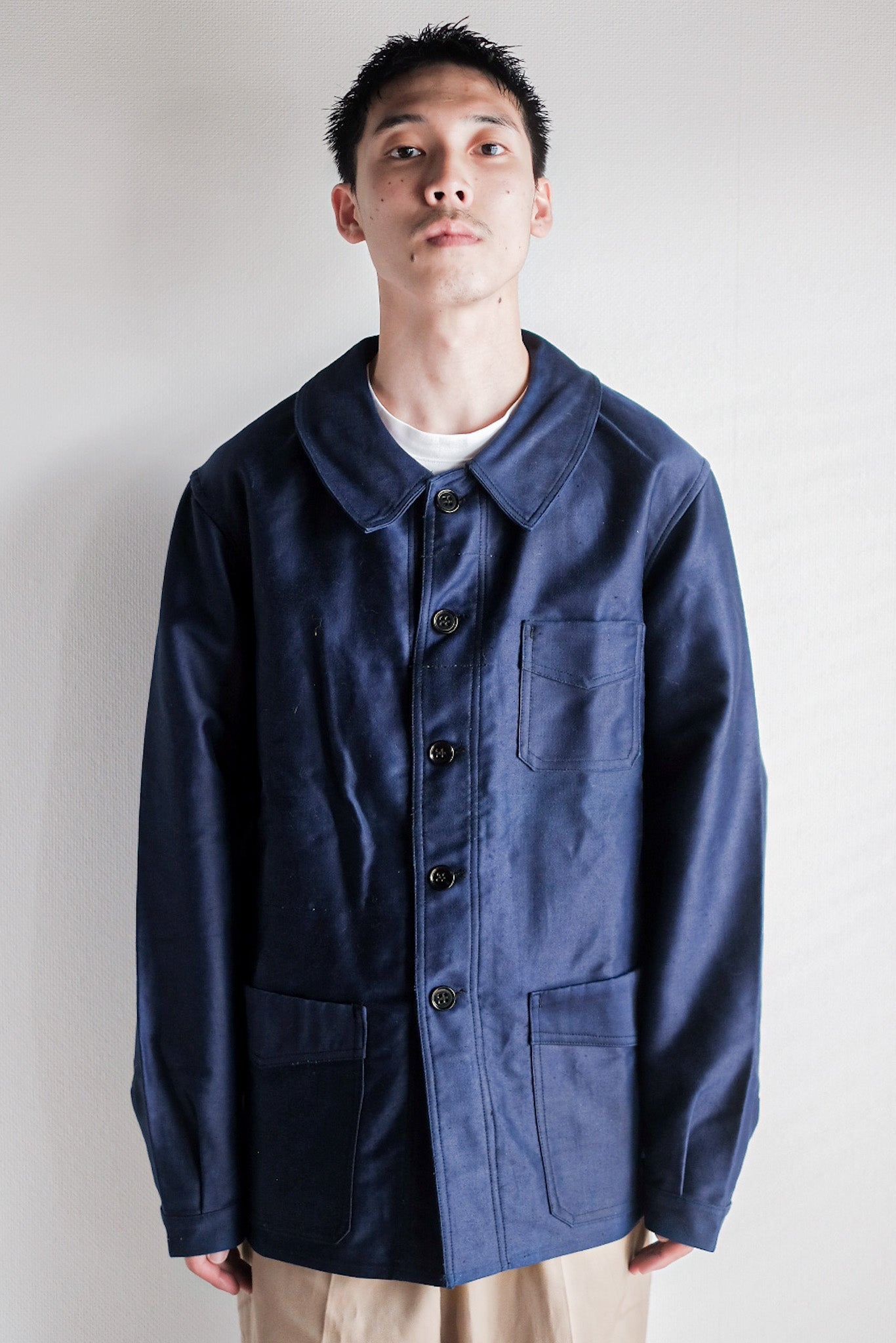 【~40's】French Vintage Blue Moleskin Work Jacket "Le Mont St. Michel" "Dead Stock"