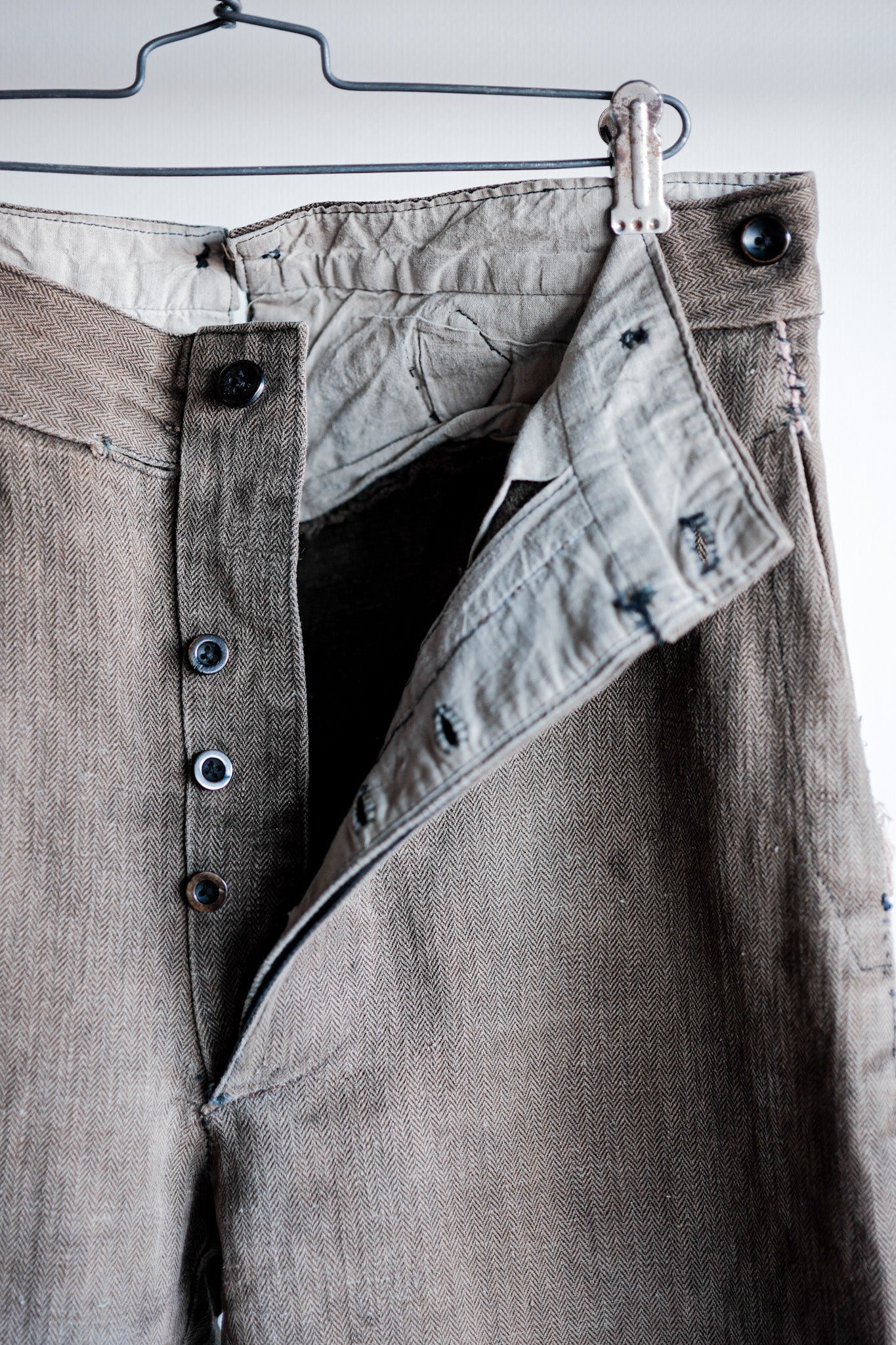 【Late 19th C】French Antique Brown HBT Linen Firefighter Trousers