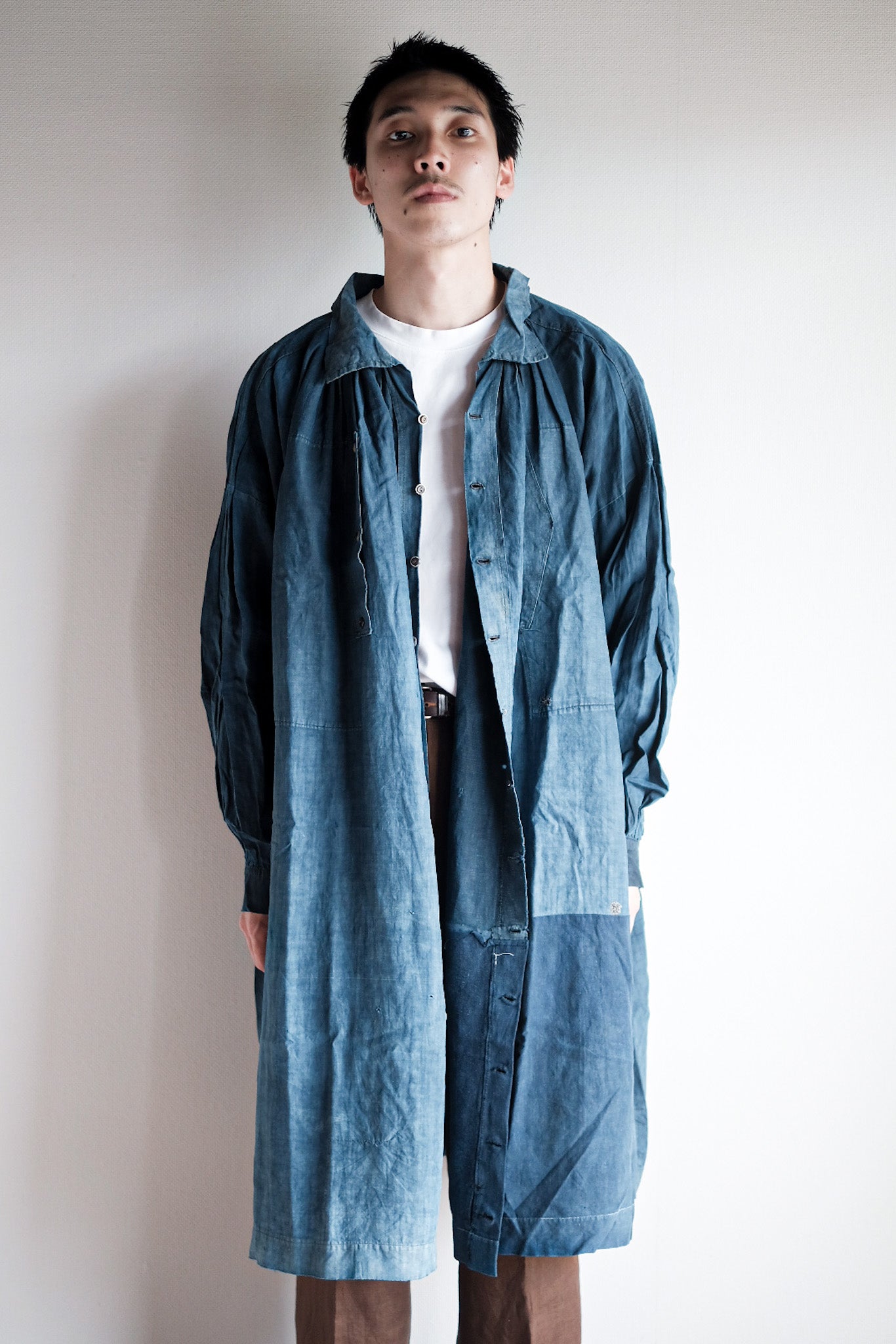 【Early 20th C】French Antique Indigo Linen Smock Open Type "Biaude"