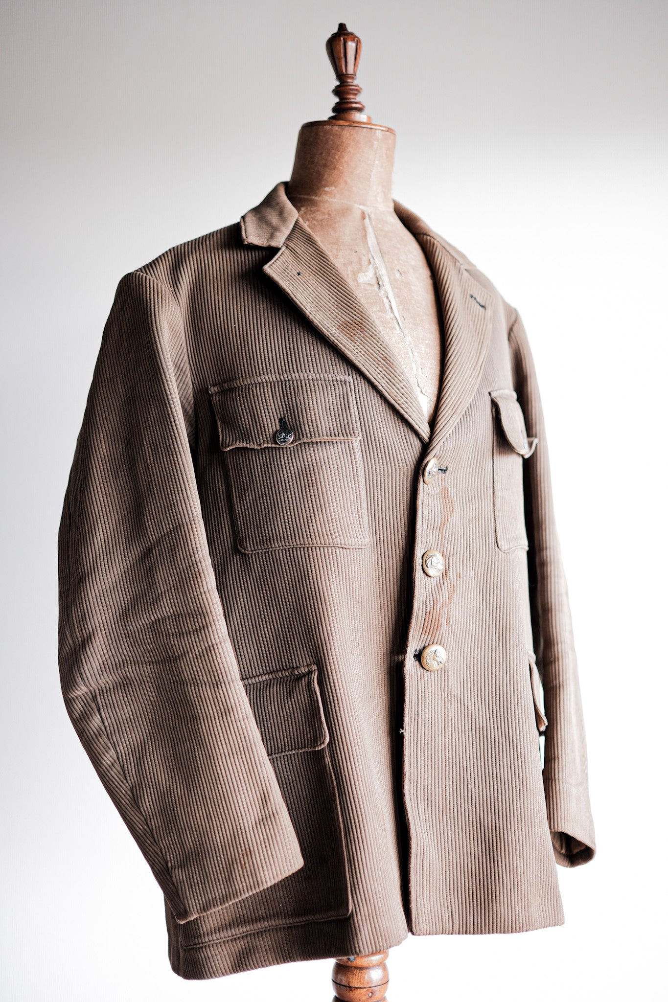 【~40's】French Vintage Brown Cotton Pique Lapel Gamekeeper Hunting Jacket "Unusual Pattern"