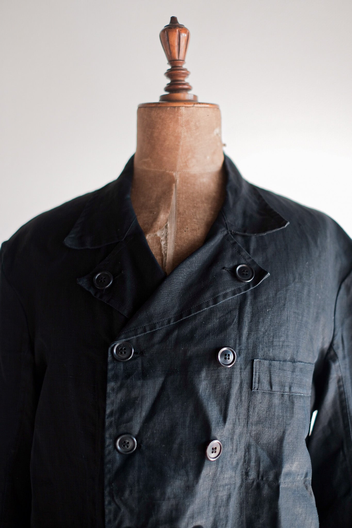 【~30's】French Vintage Black Indigo Linen Double Breasted Work Jacket "Dead Stock"