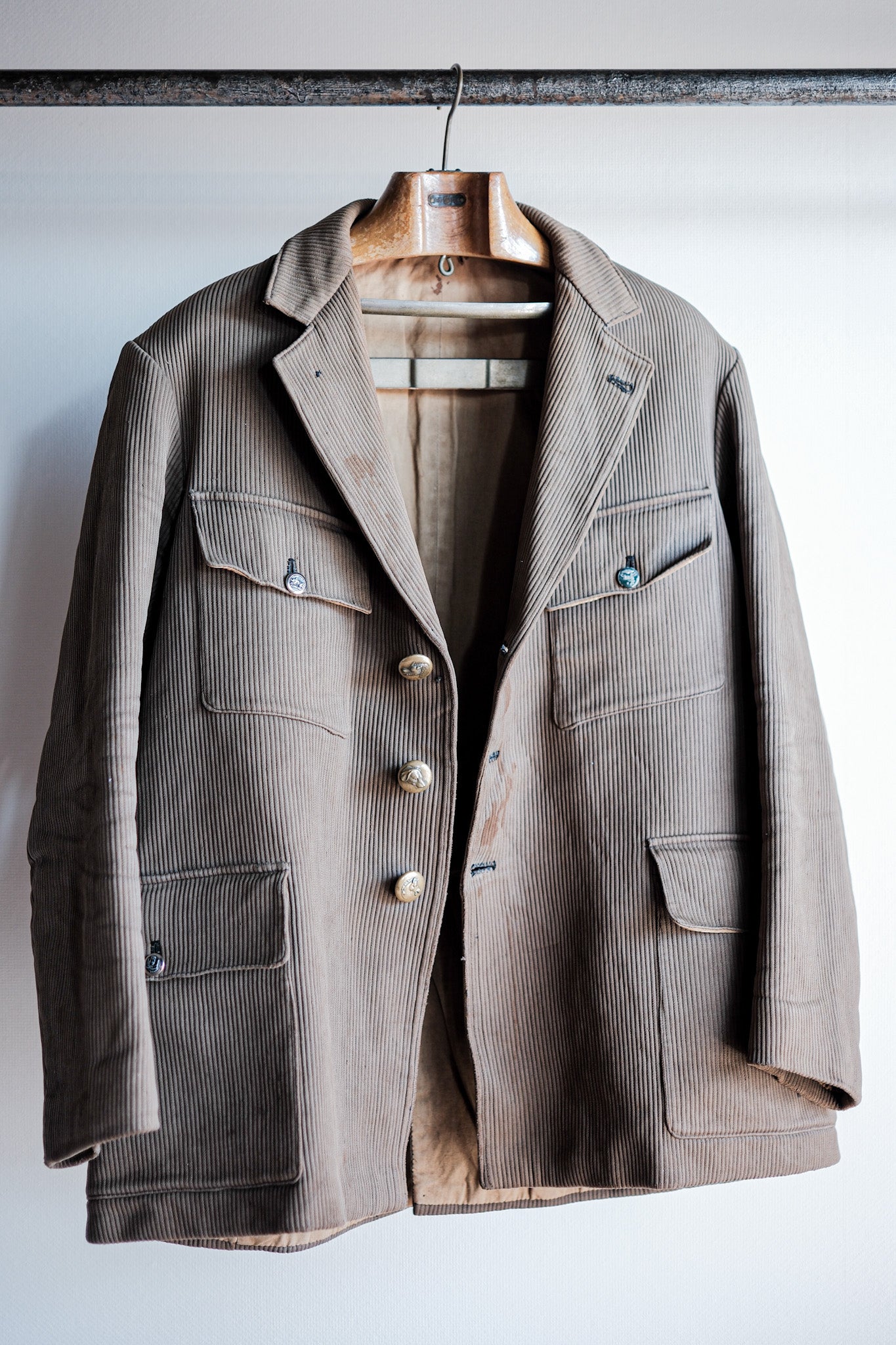 【~40's】French Vintage Brown Cotton Pique Lapel Gamekeeper Hunting Jacket "Unusual Pattern"