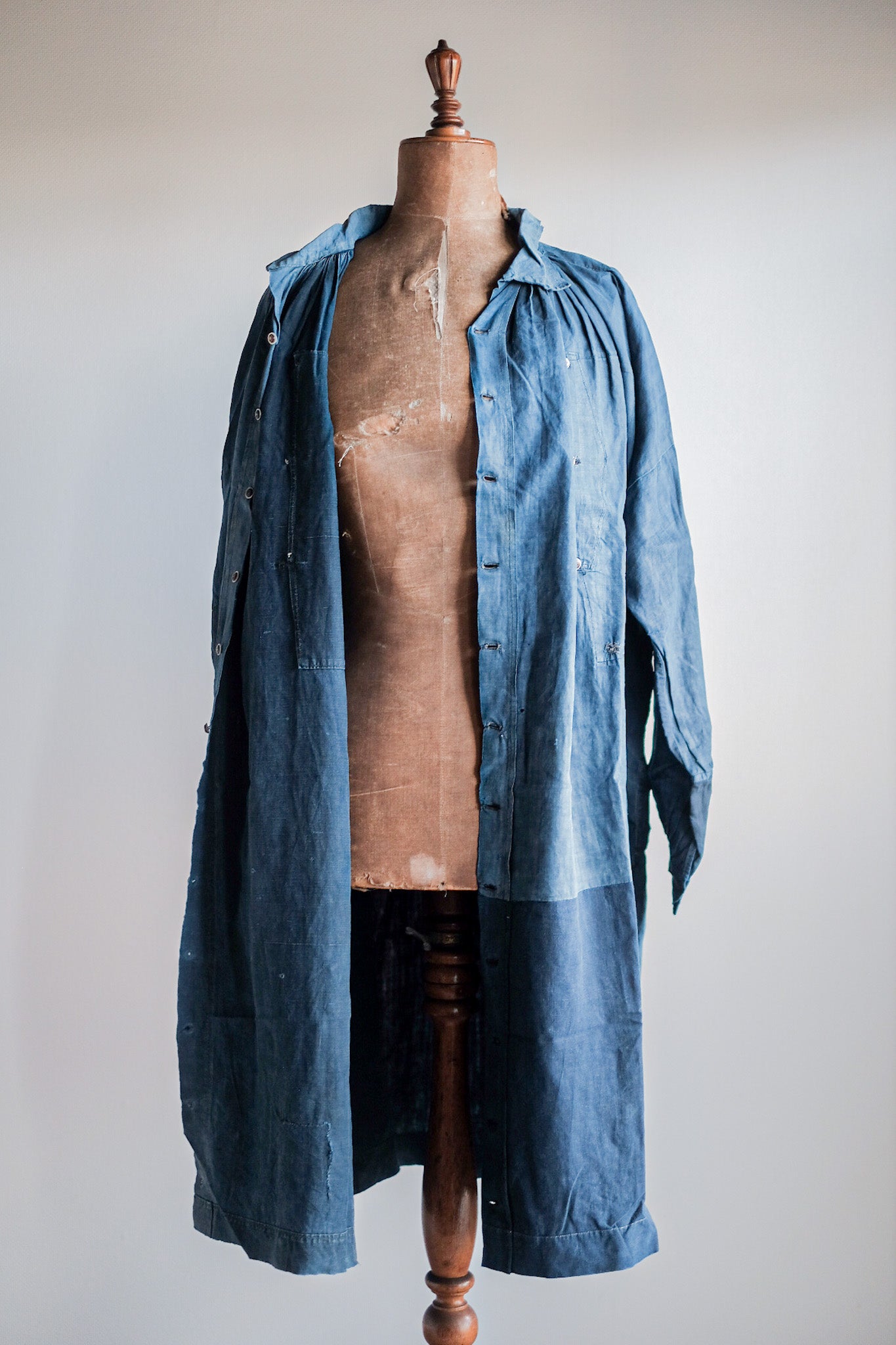 【Early 20th C】French Antique Indigo Linen Smock Open Type "Biaude"