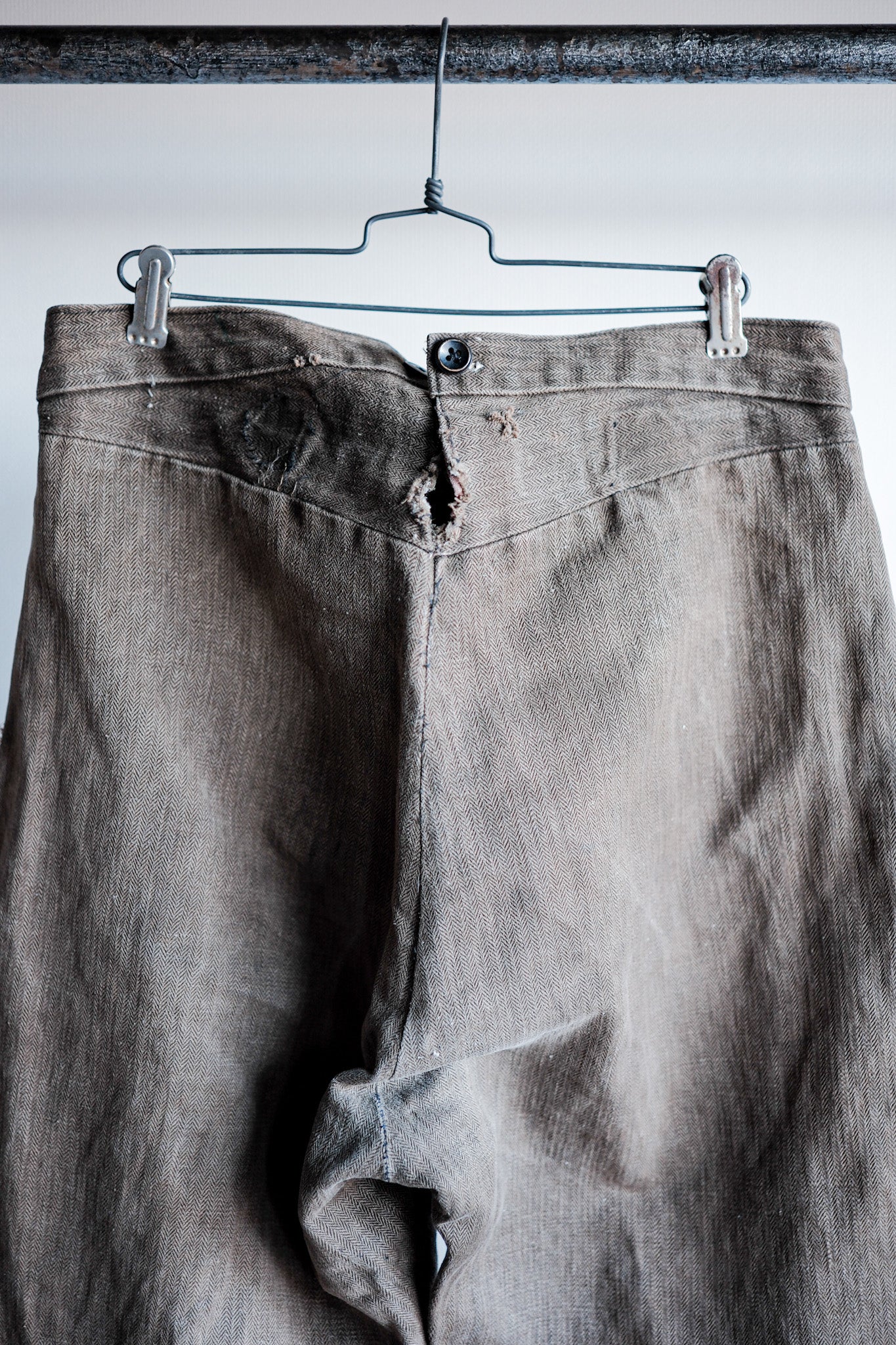 【Late 19th C】French Antique Brown HBT Linen Firefighter Trousers