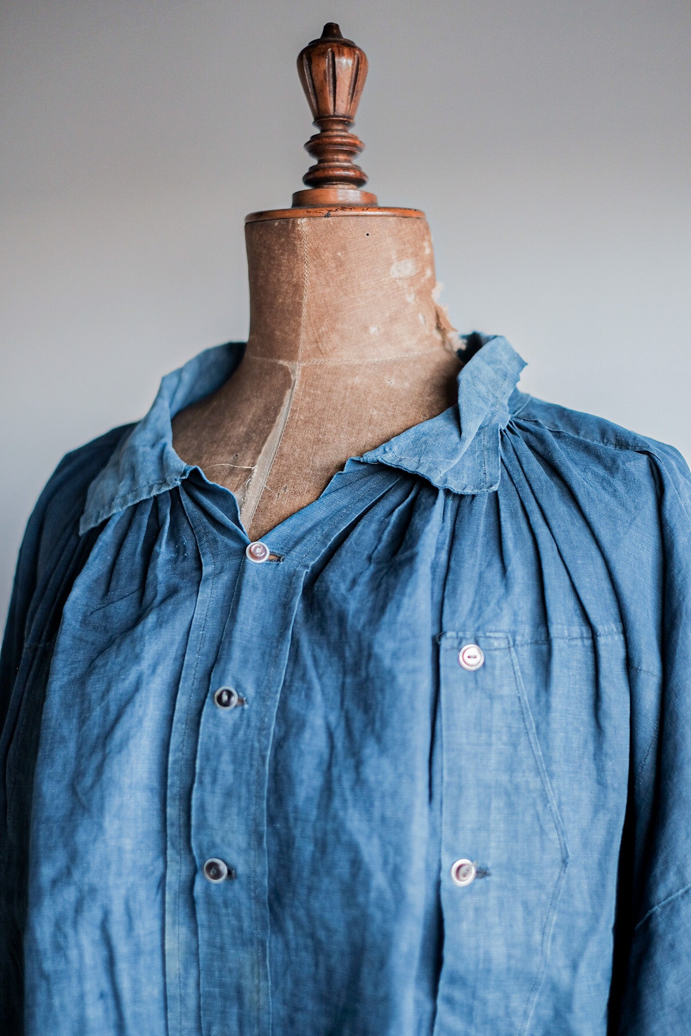 【Early 20th C】French Antique Indigo Linen Smock Open Type "Biaude"