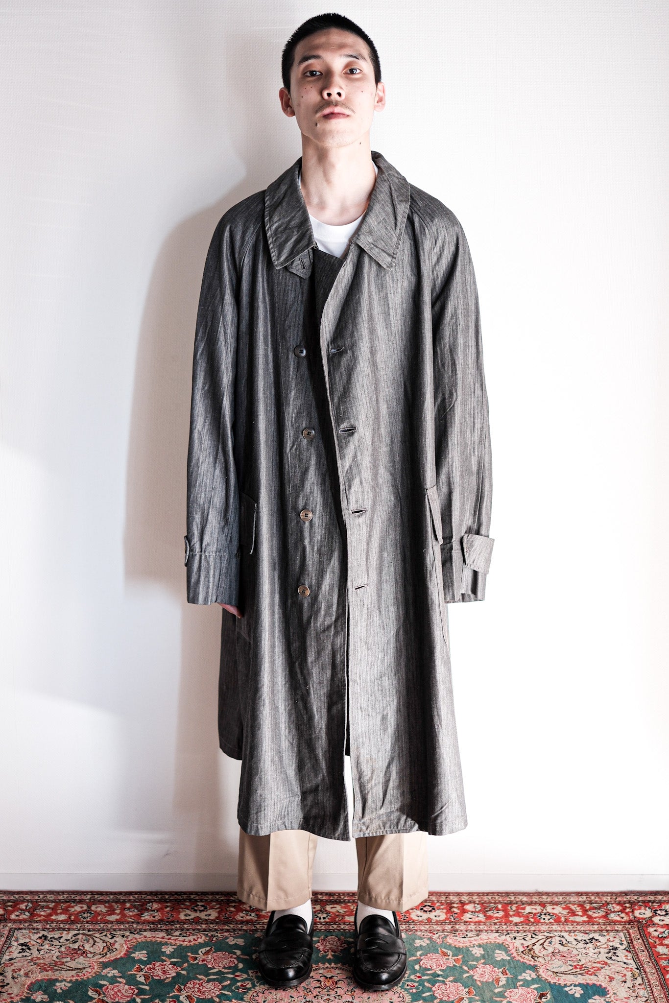 【~40's】French Vintage Salt & Pepper Cotton HBT Work Coat With Chin Strap "Dead Stock"