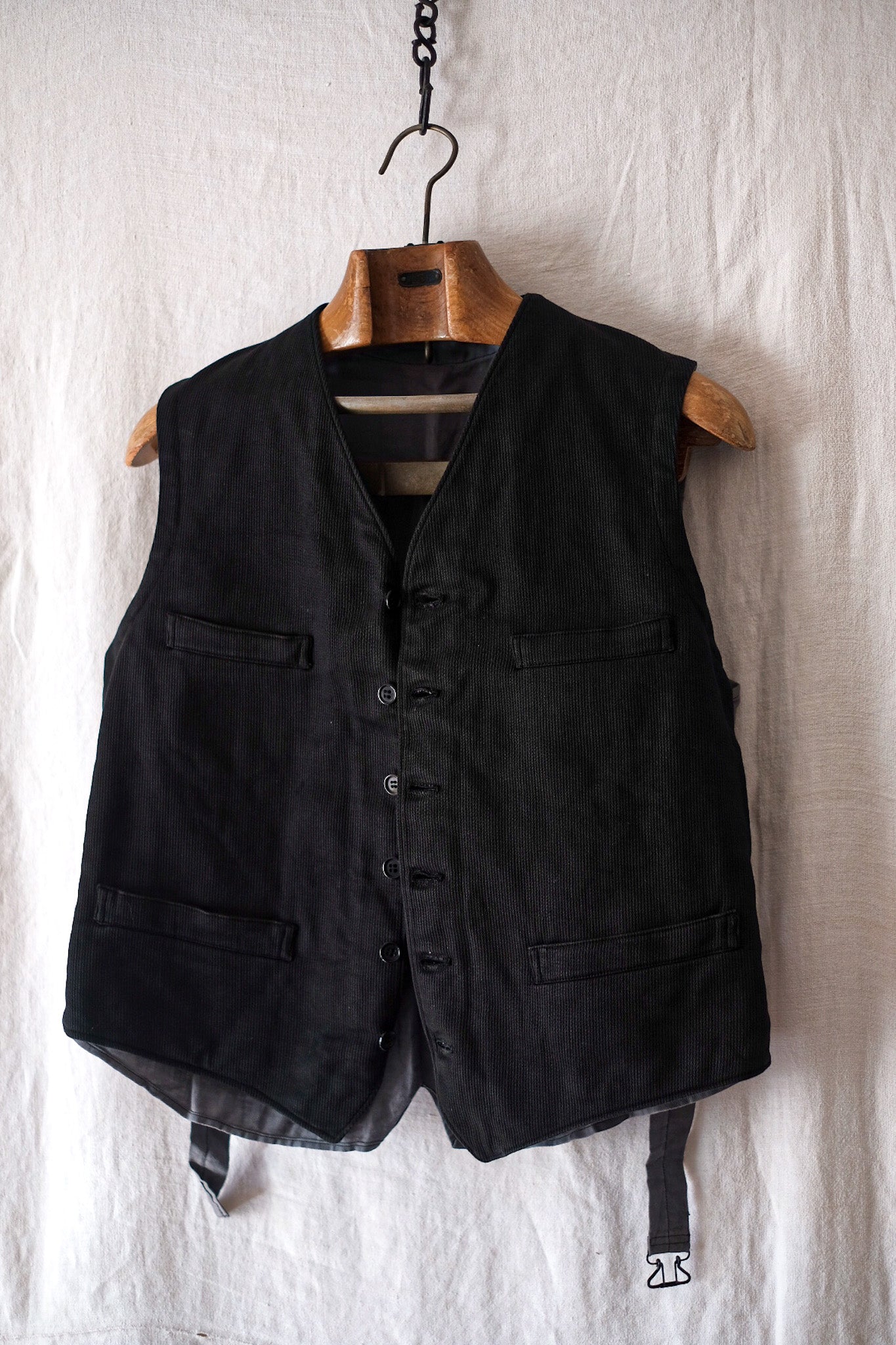 【~40's】French Vintage Black Cotton Pique Gilet "Dead Stock"