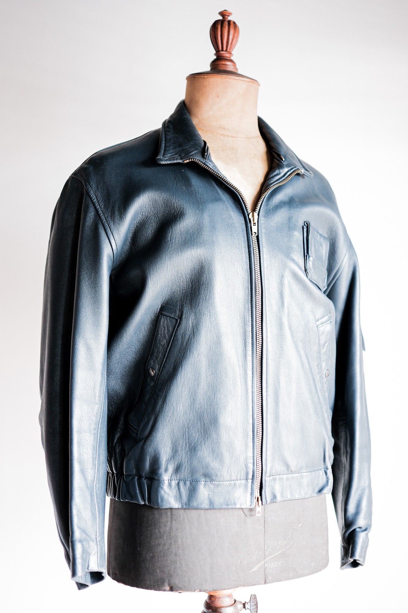 【~70's】French Air Force Pilot Leather Jacket With Chin Strap Size.96M