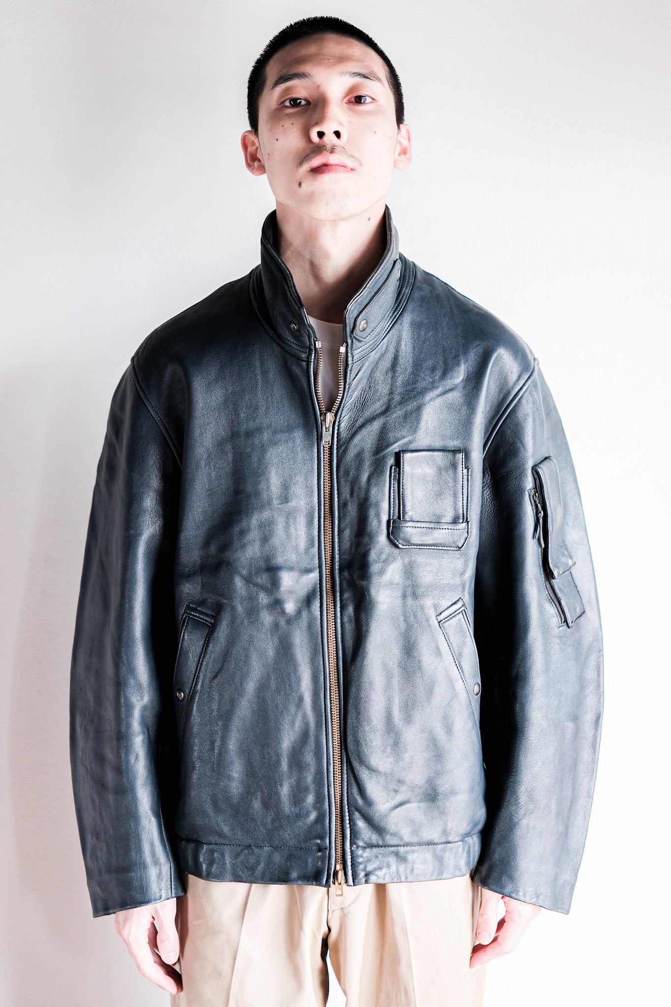 【~70's】French Air Force Pilot Leather Jacket With Chin Strap