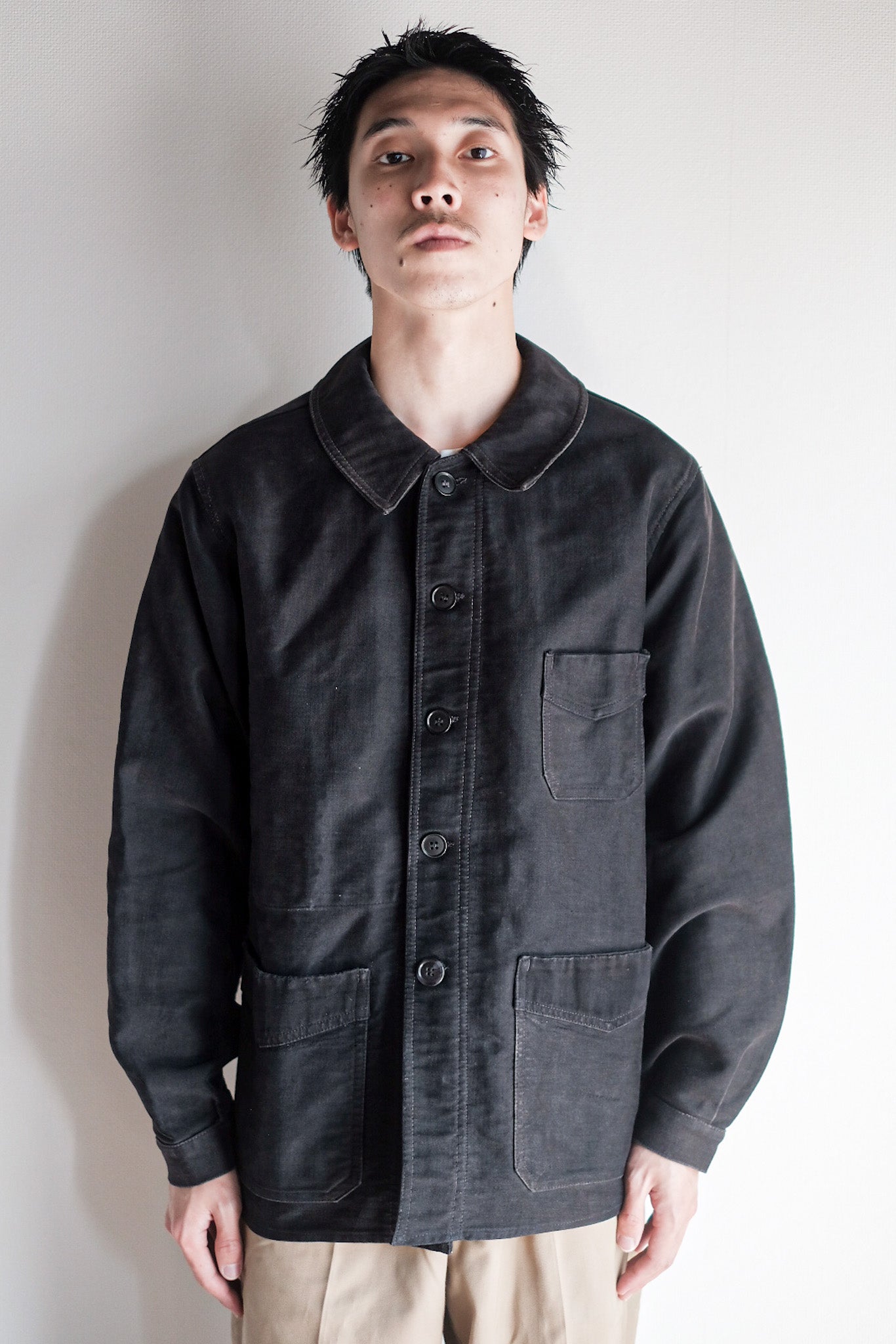 【~40's】French Vintage Black Moleskin Work Jacket "Le Mont St. Michel"