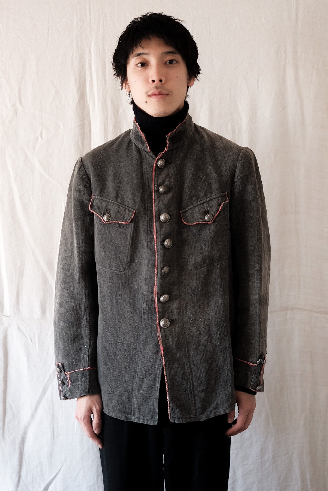 【~10's】French Vintage Black Linen HBT Fireman Jacket