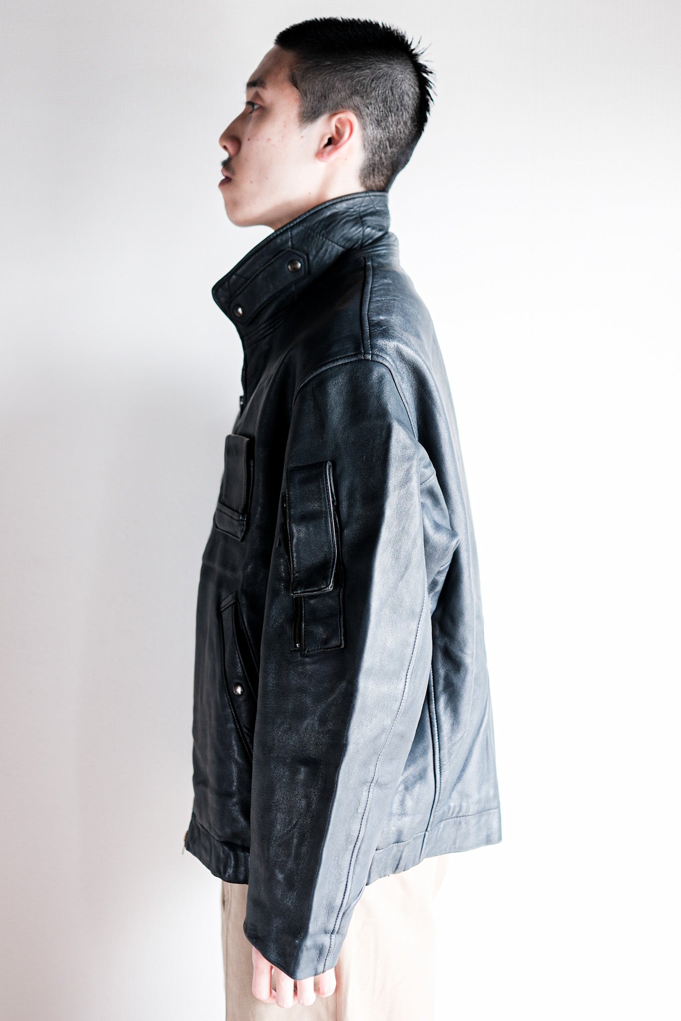 【~70's】French Air Force Pilot Leather Jacket With Chin Strap