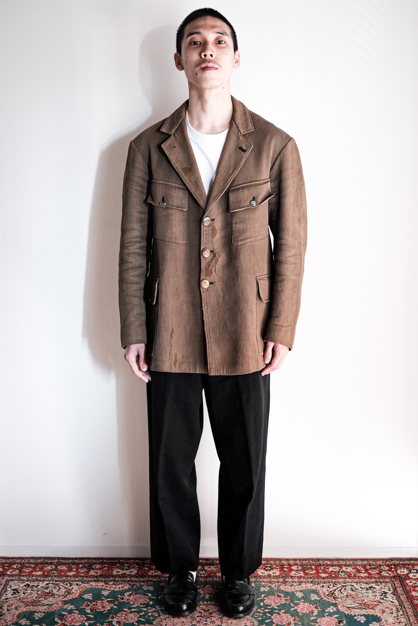 【~40's】French Vintage Brown Cotton Pique Lapel Gamekeeper Hunting Jacket "Unusual Pattern"
