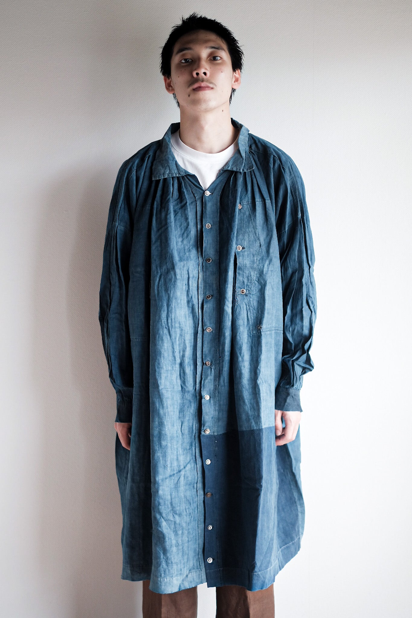 【Early 20th C】French Antique Indigo Linen Smock Open Type "Biaude"