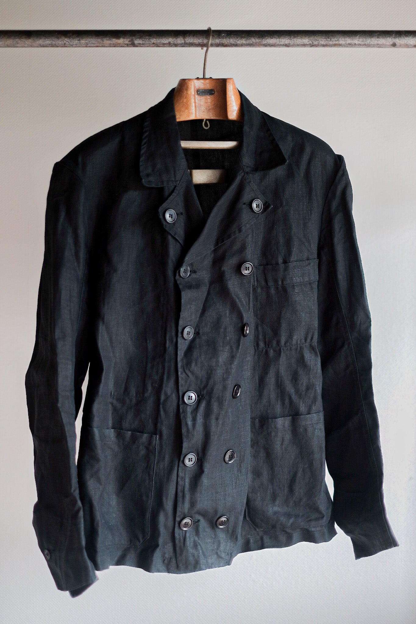 【~30's】French Vintage Black Indigo Linen Double Breasted Work Jacket "Dead Stock"