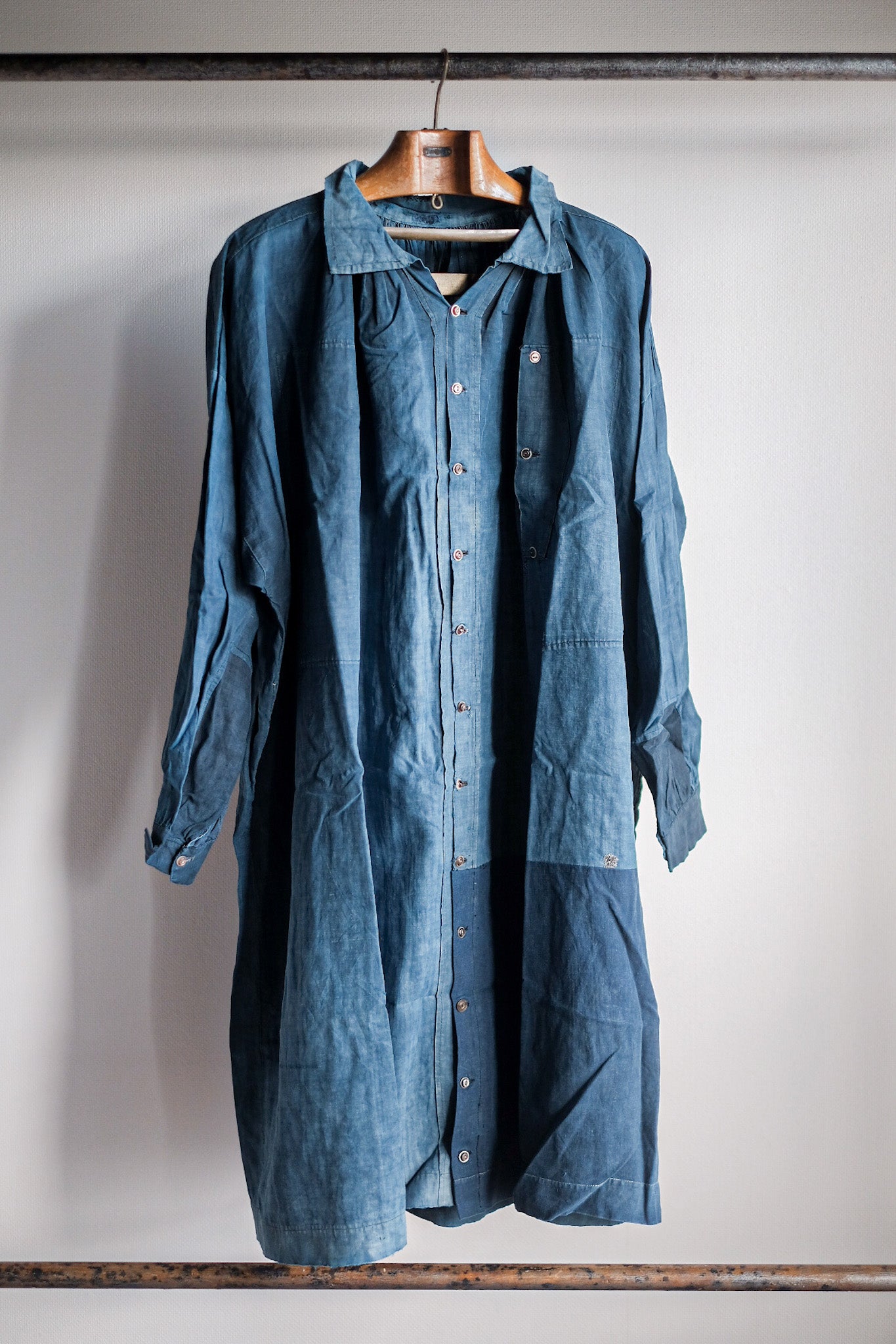 【Early 20th C】French Antique Indigo Linen Smock Open Type "Biaude"