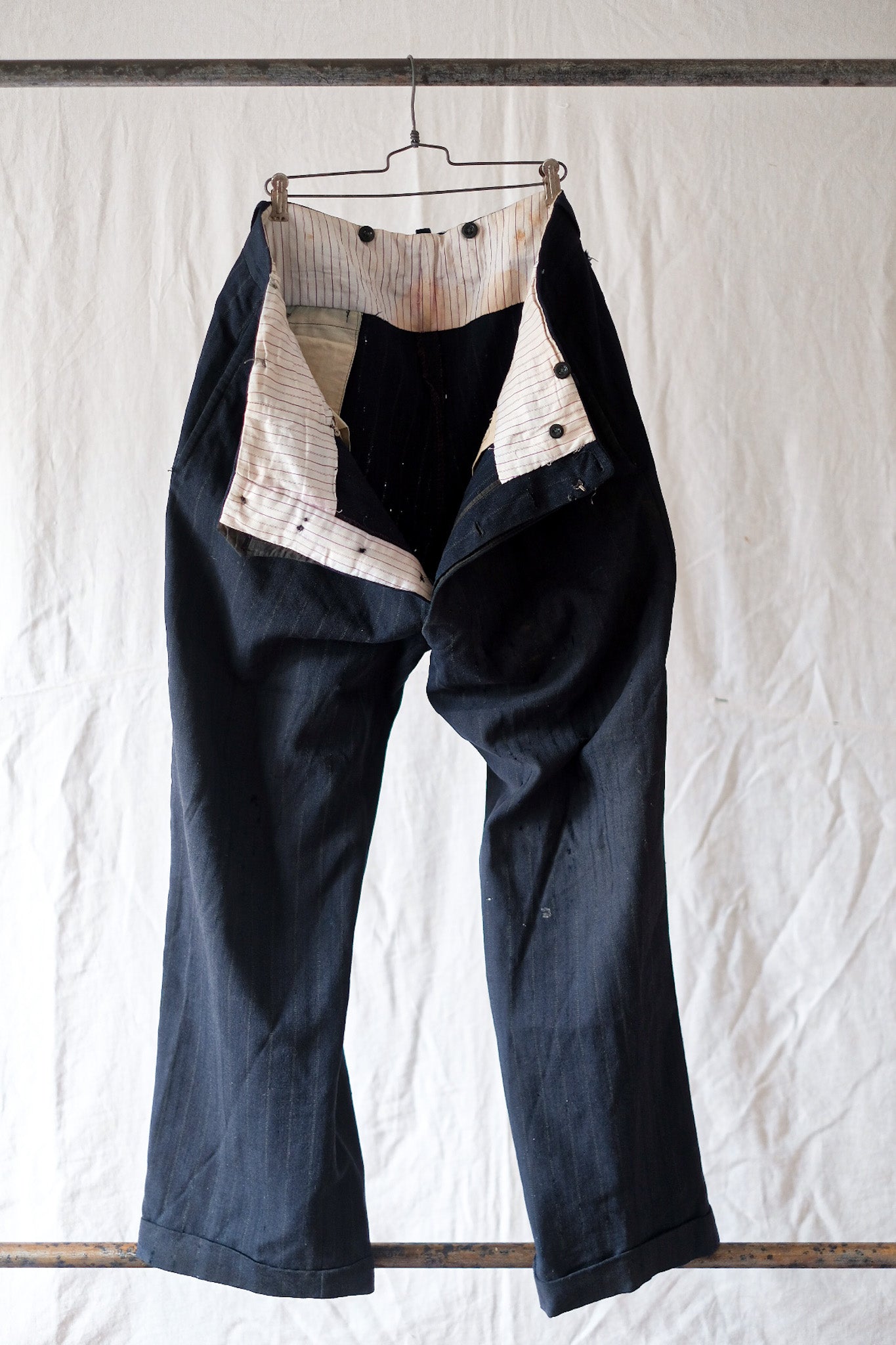【~40's】French Vintage Navy Wool Striped Work Pant
