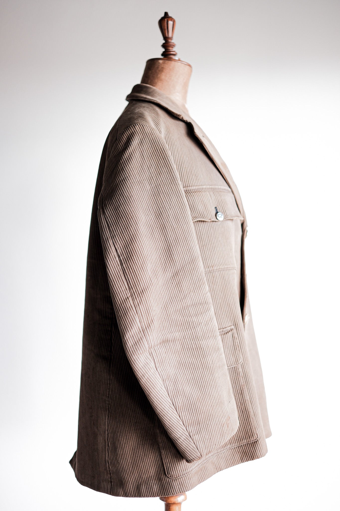 【~40's】French Vintage Brown Cotton Pique Lapel Gamekeeper Hunting Jacket "Unusual Pattern"