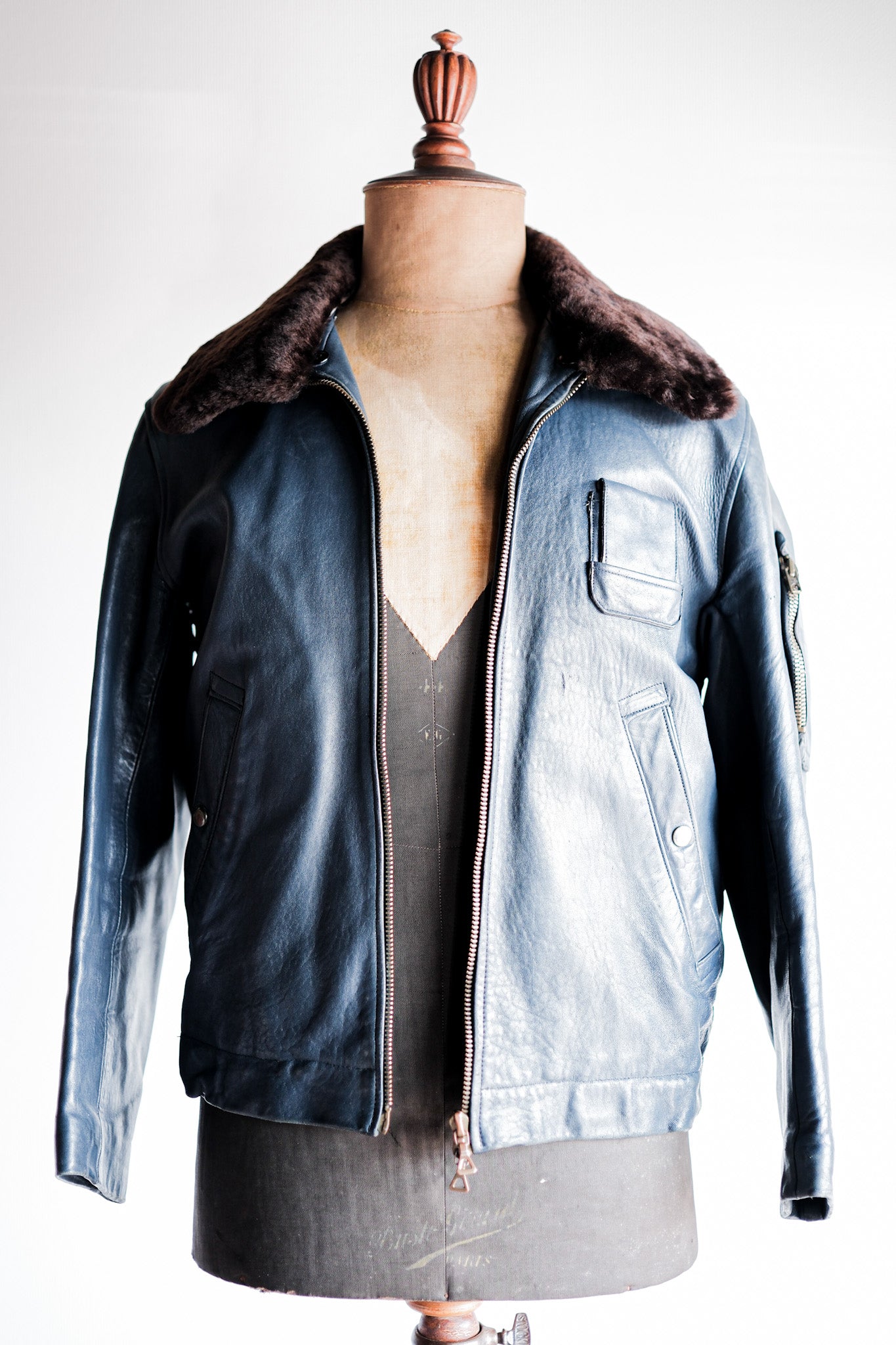 【~70's】French Air Force Pilot Leather Jacket Size.92C