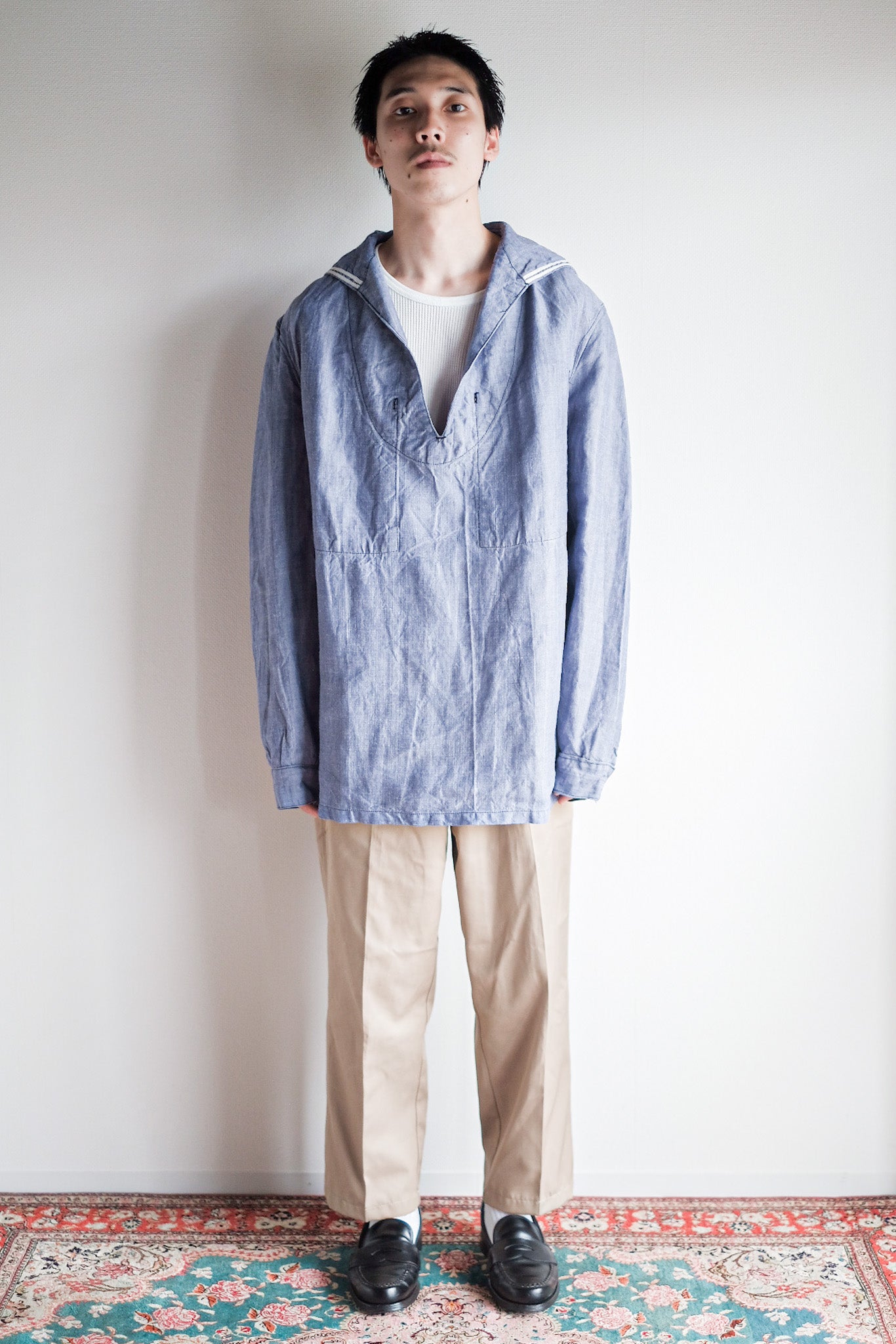 【~50's】French Navy Ramie Linen Sailor Shirt "Dead Stock"