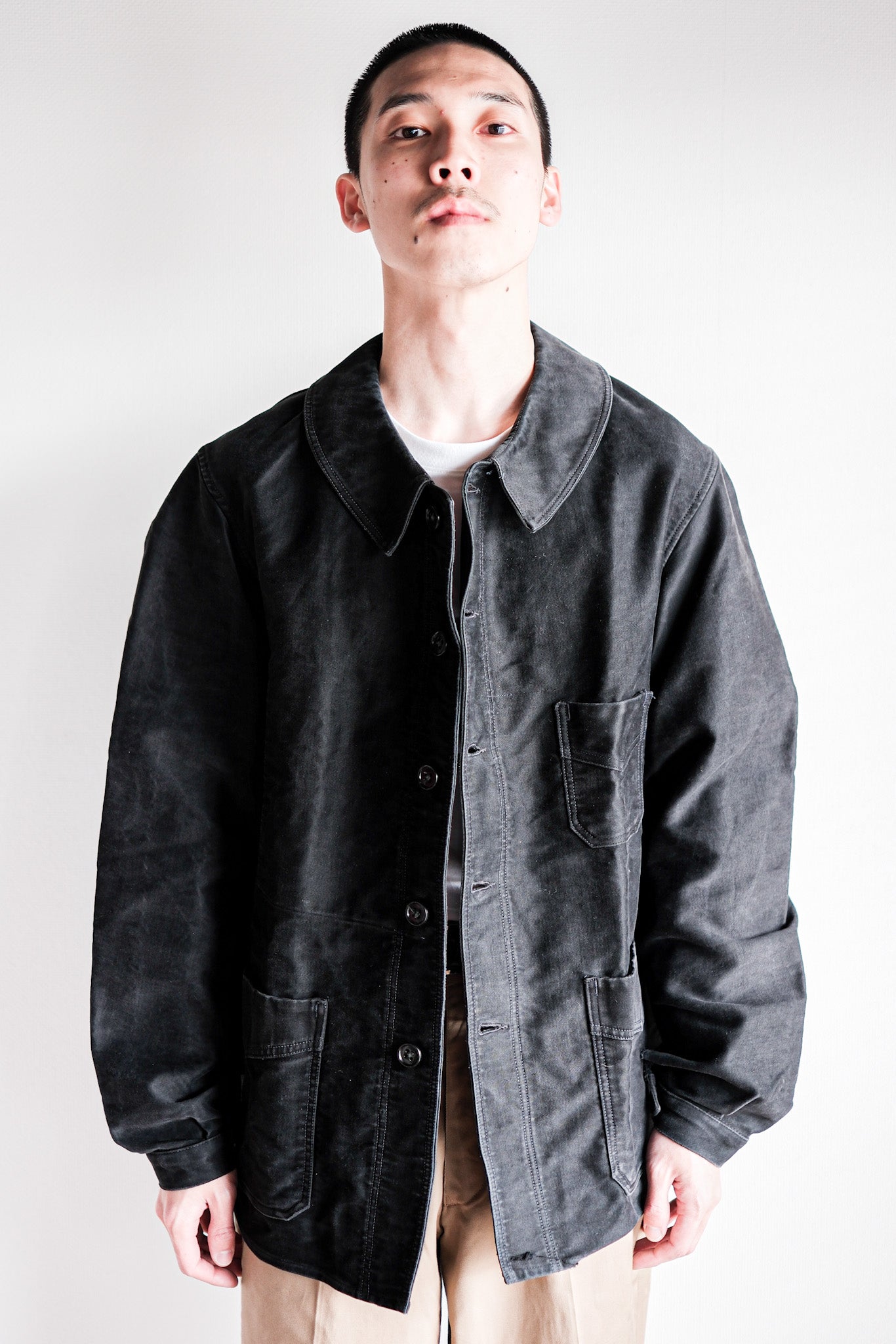 【~40's】French Vintage Black Moleskin Work Jacket "Le Mont St. Michel"