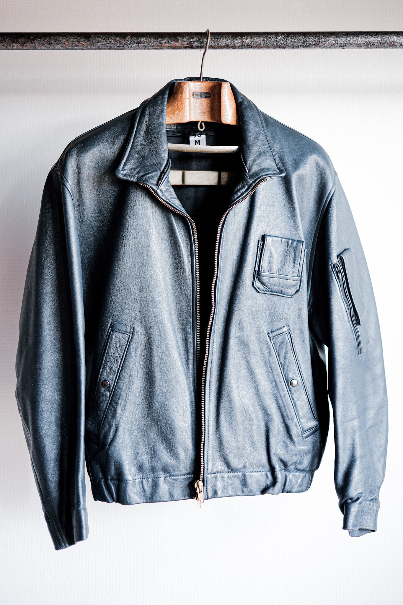 【~70's】French Air Force Pilot Leather Jacket With Chin Strap Size.96M