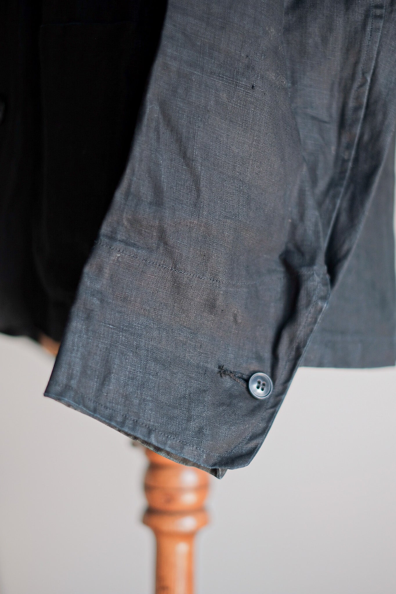 【~30's】French Vintage Black Indigo Linen Double Breasted Work Jacket "Dead Stock"