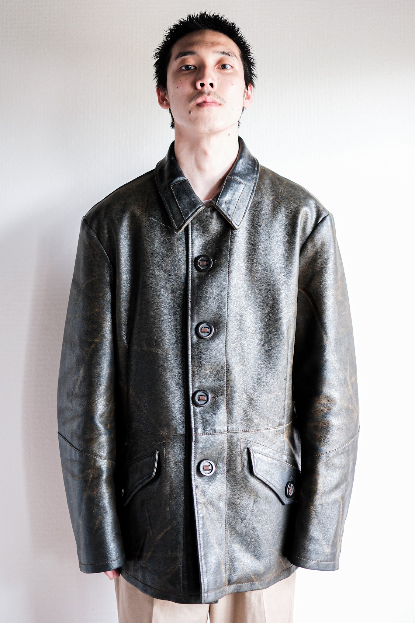【~90’s】Old ARMANI JEANS M-59 Type PVC Leather Jacket