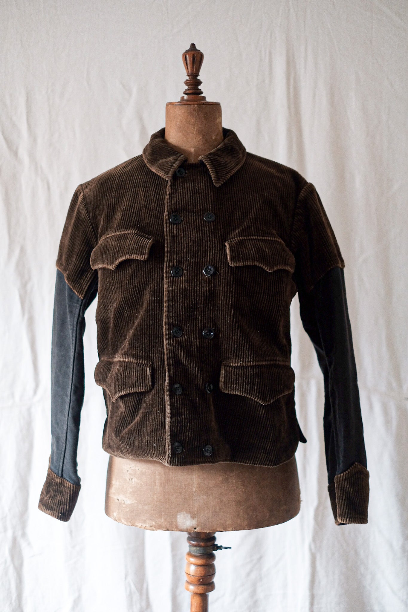 40's] Belgian Vintage Brown Corduroy x Black Moleskin Double Breasted Work  Jacket