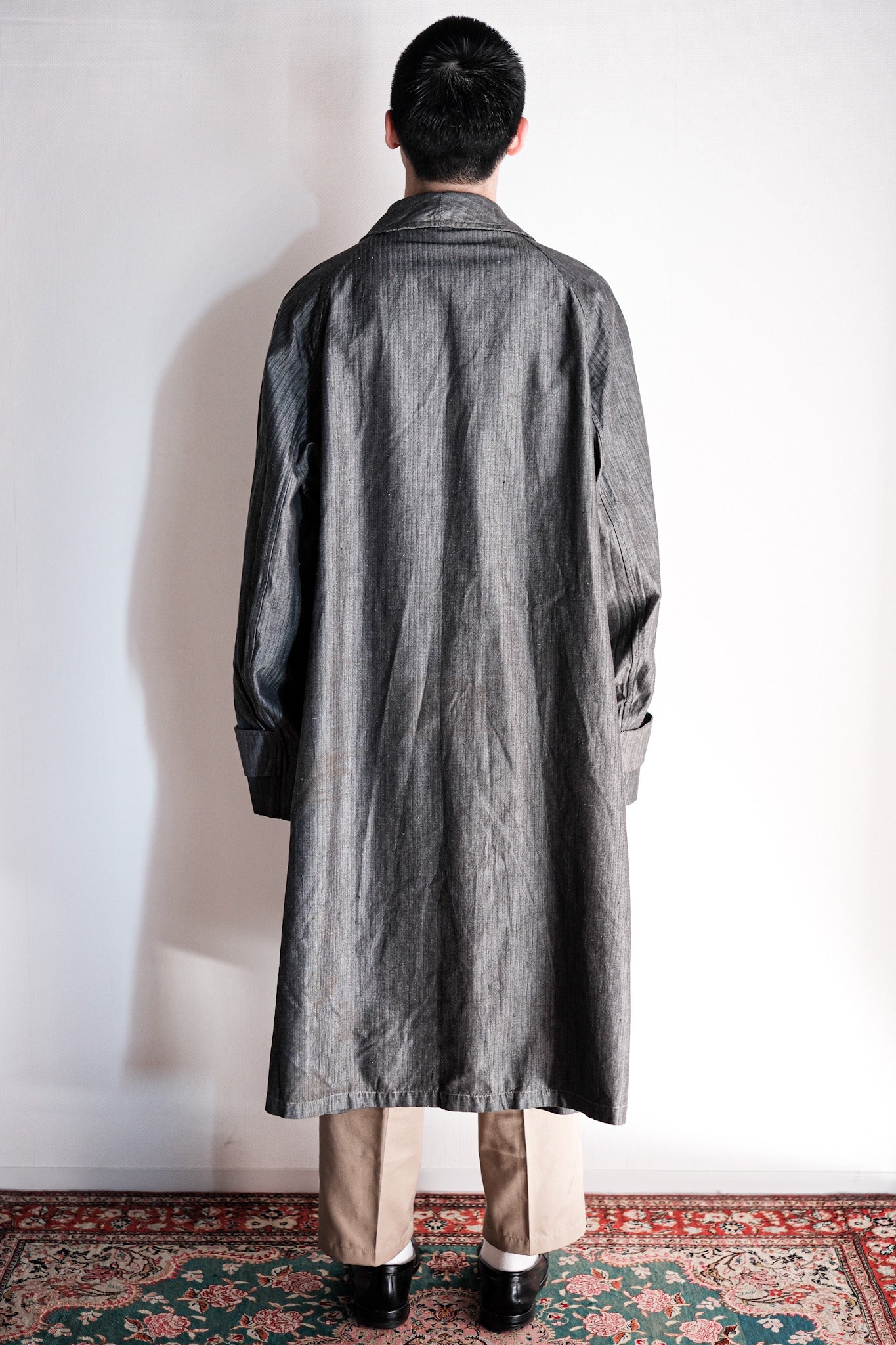 【~40's】French Vintage Salt & Pepper Cotton HBT Work Coat With Chin Strap "Dead Stock"