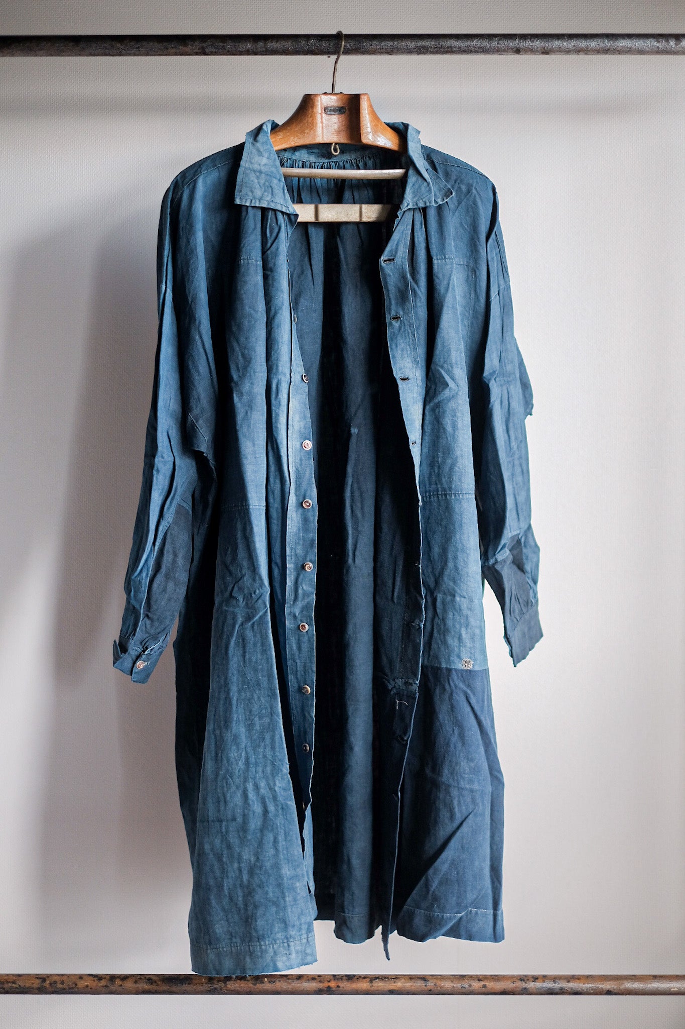 【Early 20th C】French Antique Indigo Linen Smock Open Type "Biaude"