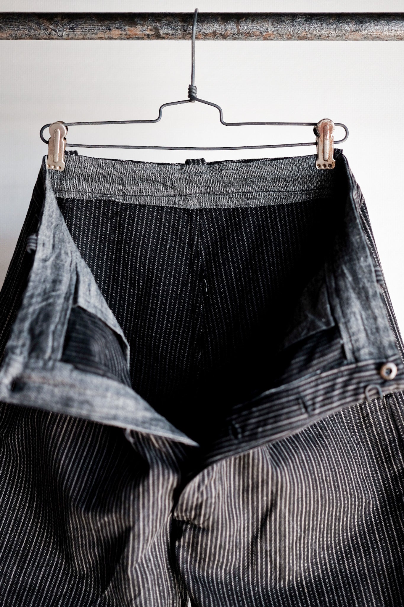 【~ 40 대 's 프랑스 빈티지면 스트라이프 작업 바지