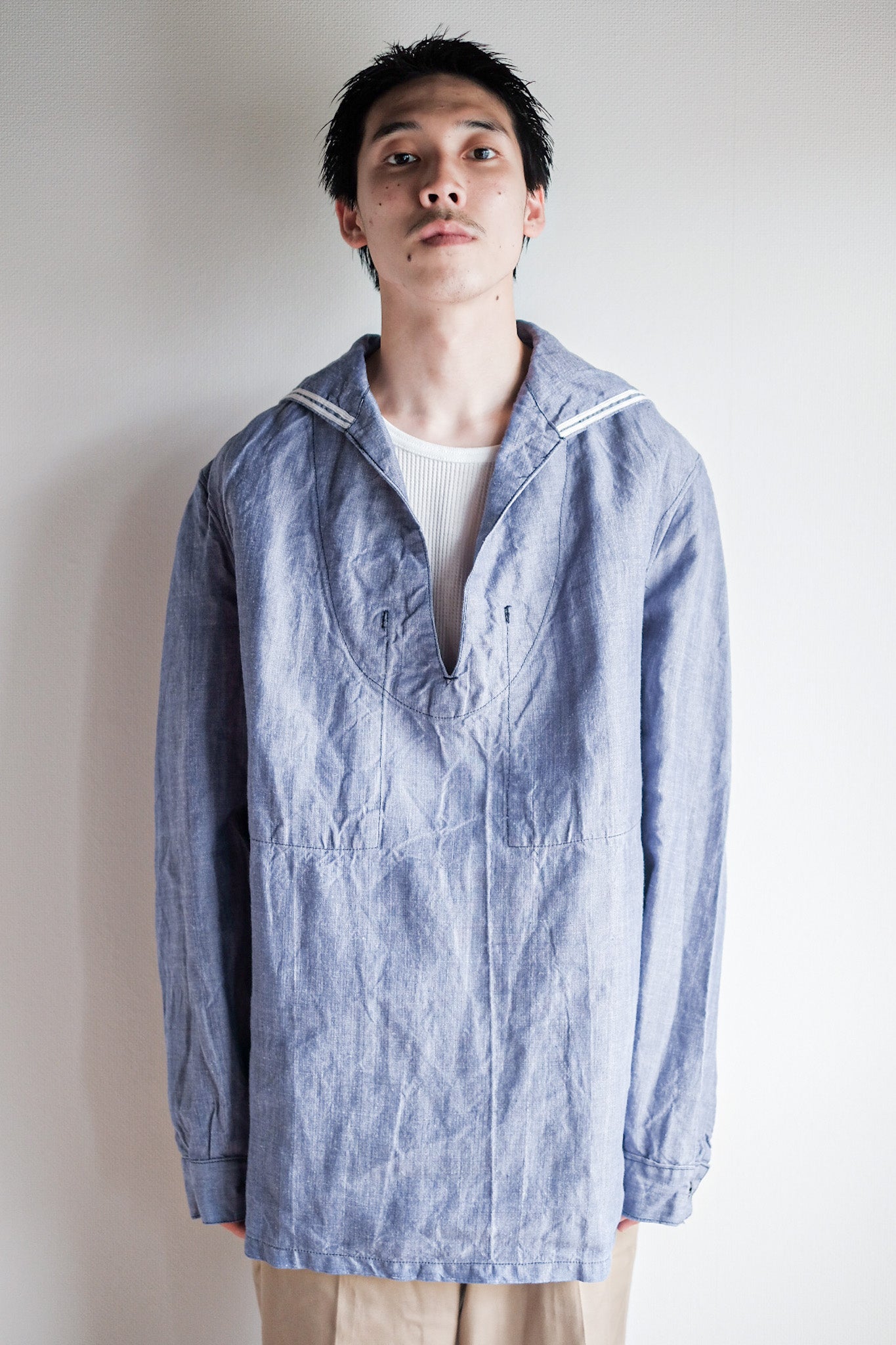 【~50's】French Navy Ramie Linen Sailor Shirt "Dead Stock"