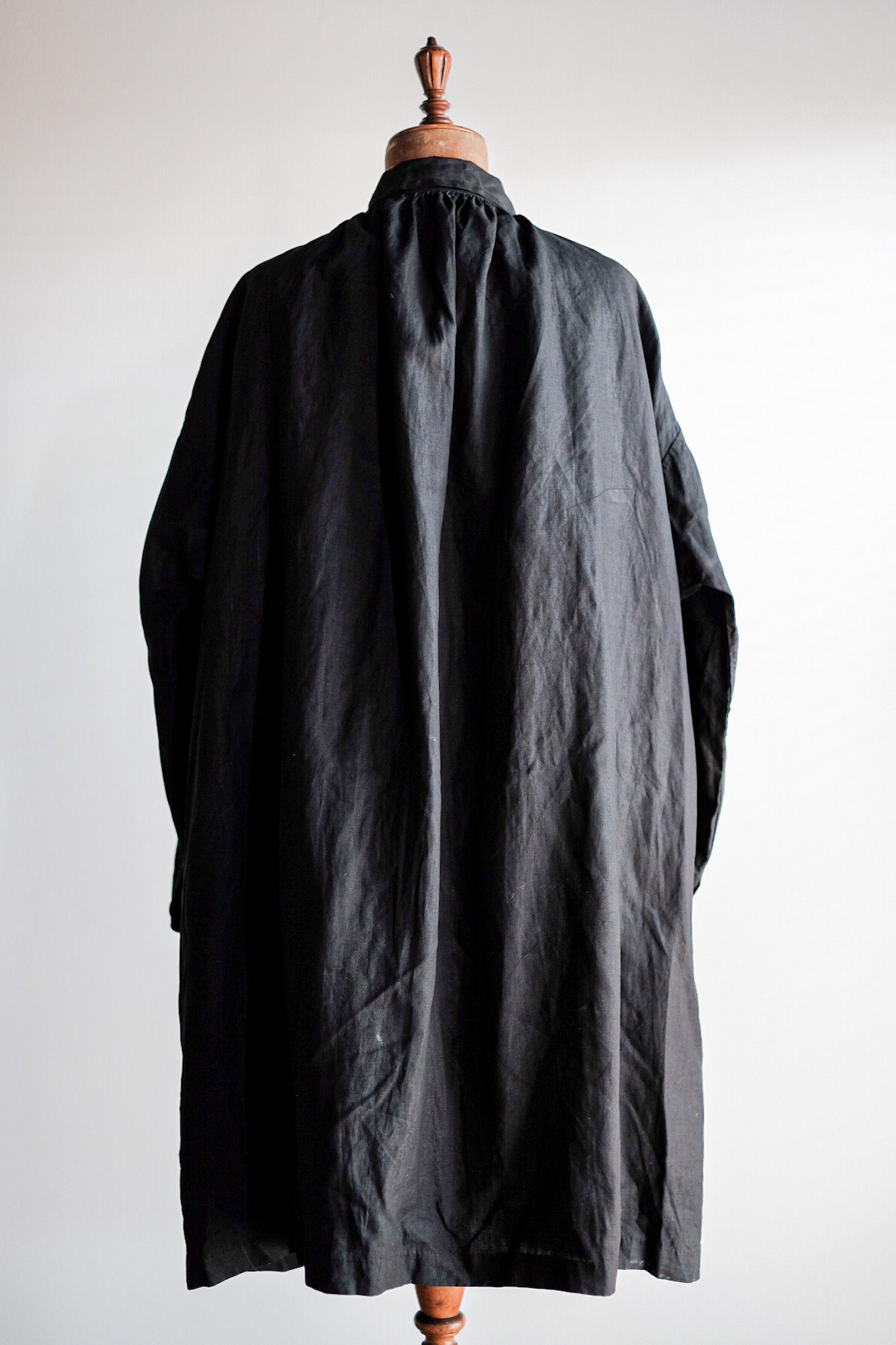 【Early 20th C】French Antique Black Indigo Linen Smock Open Type "Biaude" "Dead Stock"