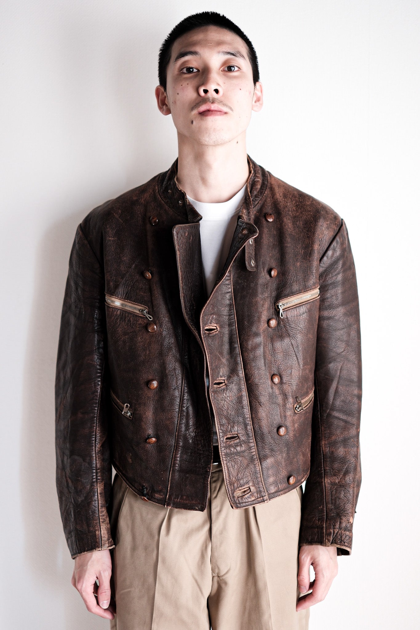 【~30's】German Vintage Double Breasted Motorcycle Leather Jacket
