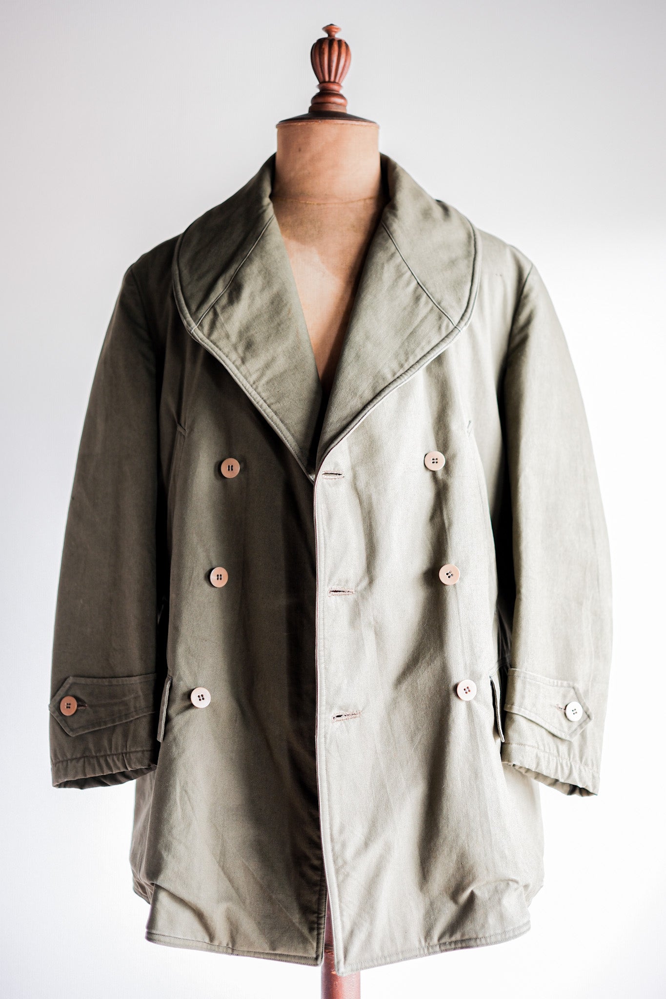 【~40's】French Vintage Shawl Collar Green Cotton Canvas Mackinaw Coat
