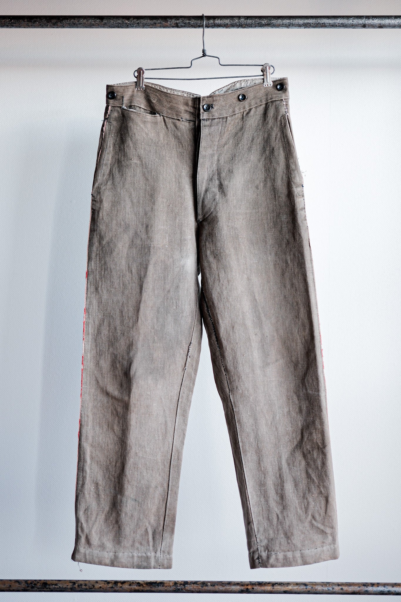 【Late 19th C】French Antique Brown HBT Linen Firefighter Trousers