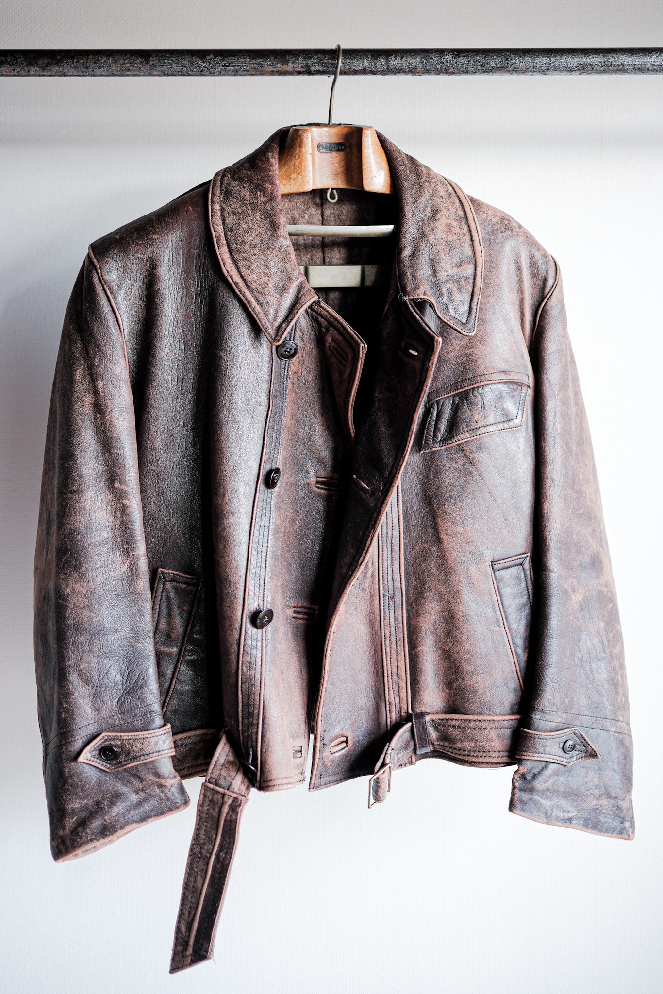 【~50's】French Vintage Le Corbusier Type Double Breasted Leather Jacket "Unusual Pattern"