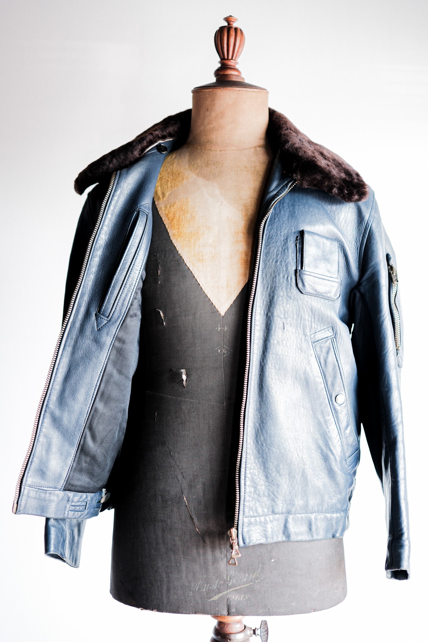【~70's】French Air Force Pilot Leather Jacket Size.92C