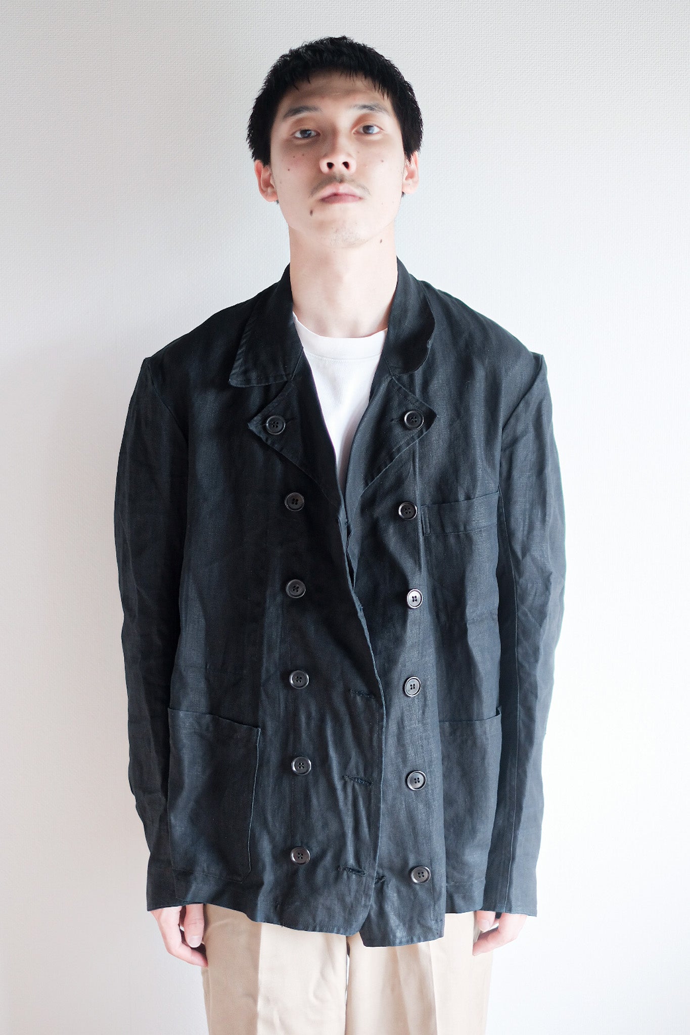 【~30's】French Vintage Black Indigo Linen Double Breasted Work Jacket "Dead Stock"