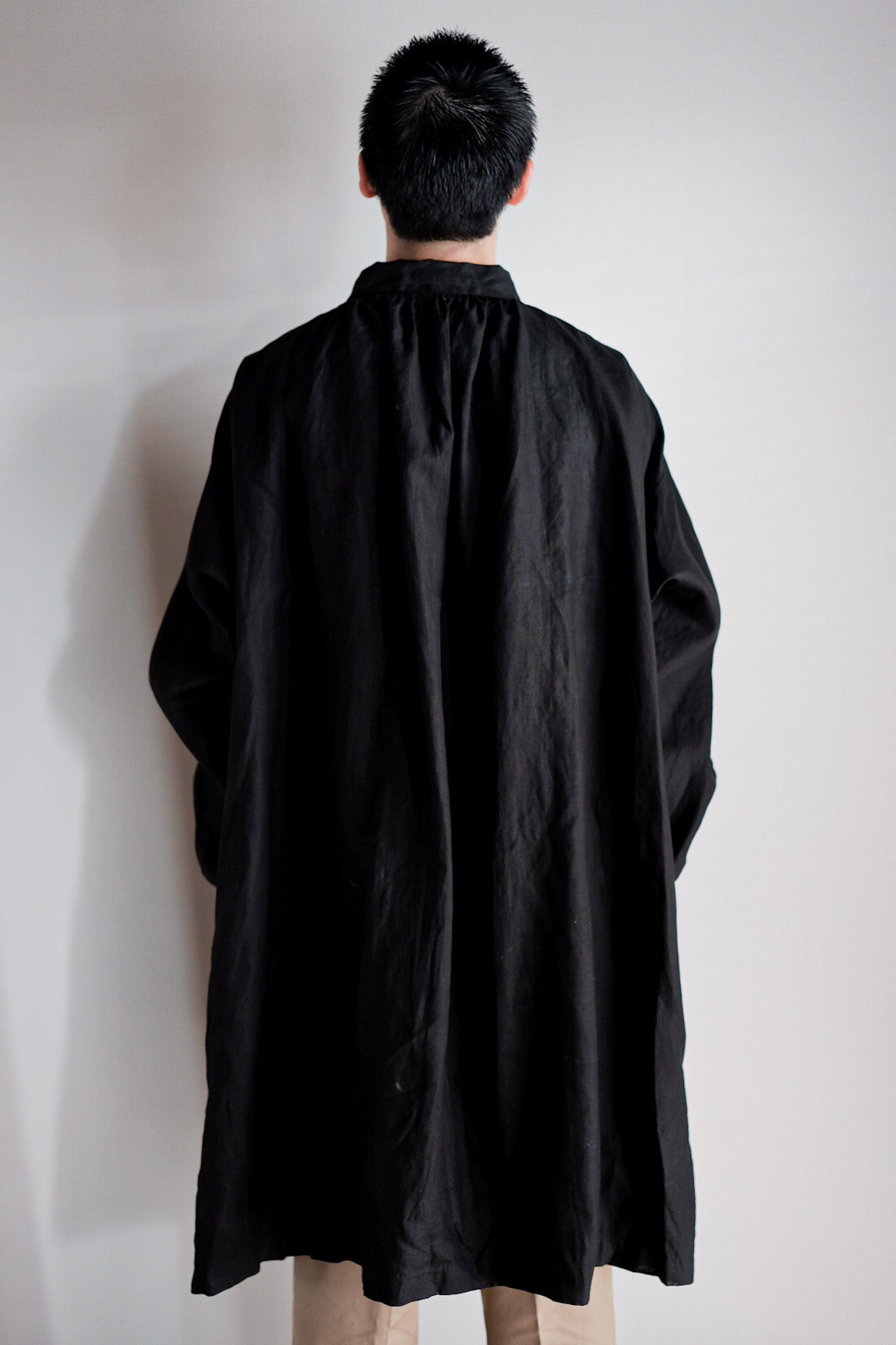 【Early 20th C】French Antique Black Indigo Linen Smock Open Type "Biaude" "Dead Stock"