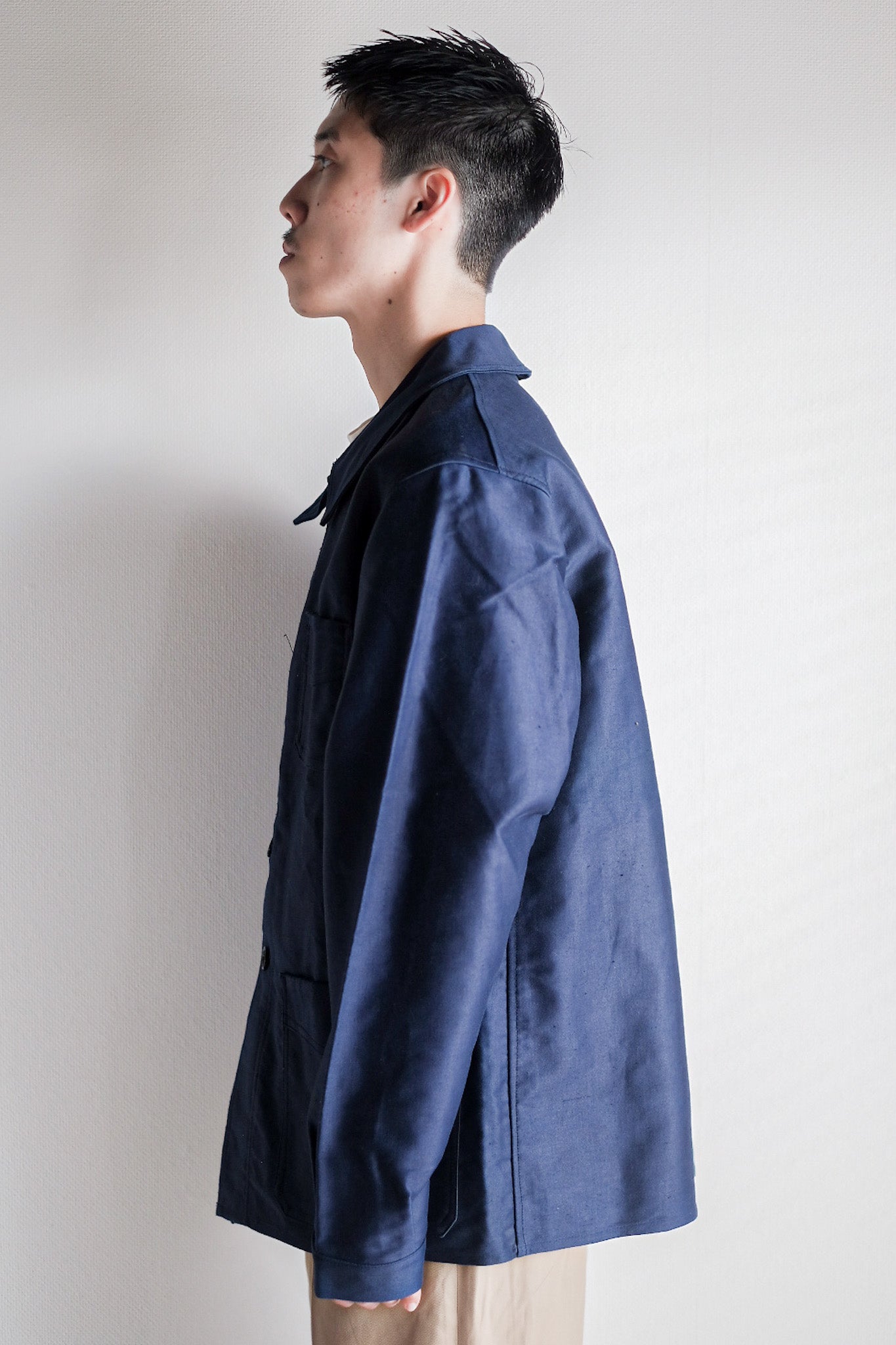 【~40's】French Vintage Blue Moleskin Work Jacket "Le Mont St. Michel" "Dead Stock"